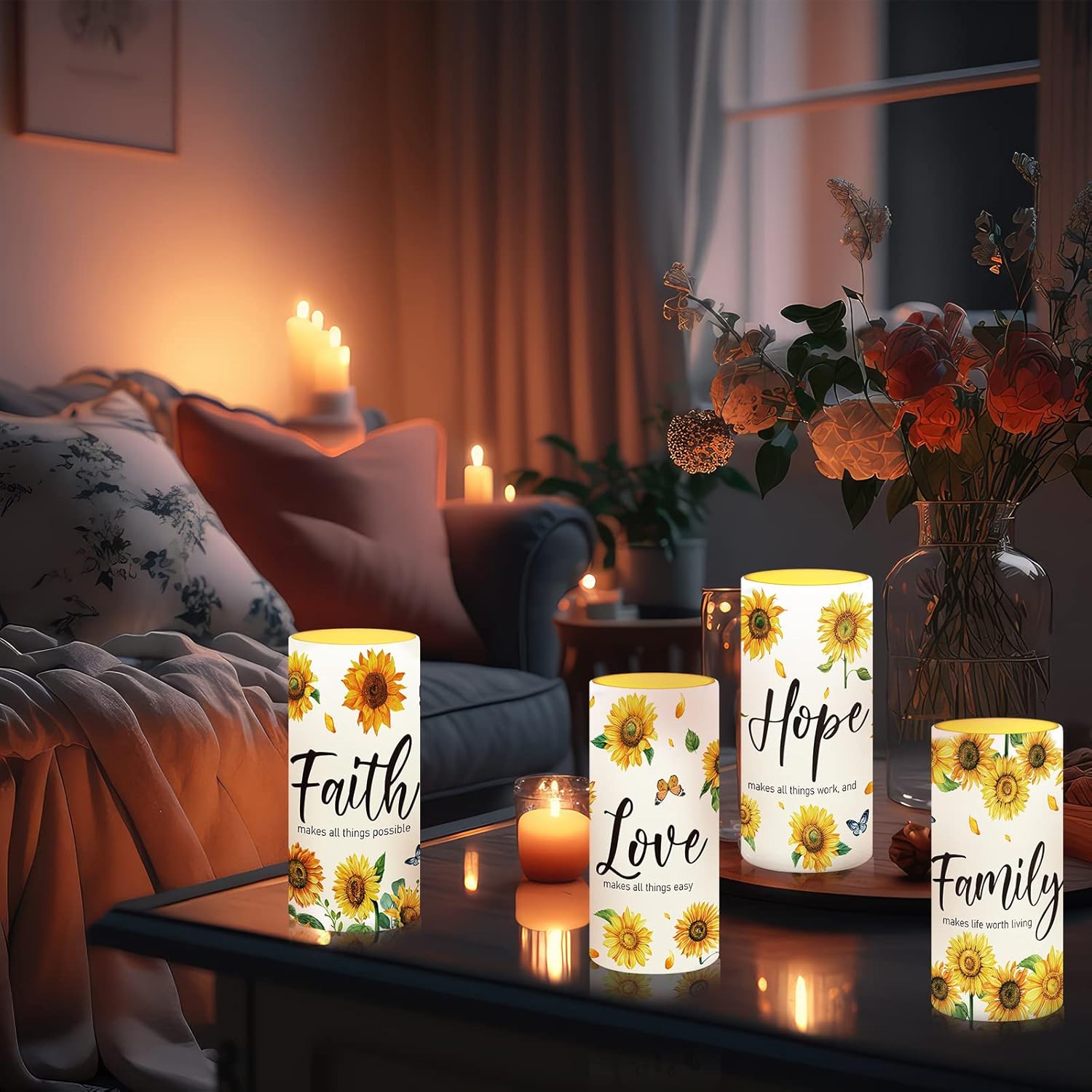 Tiamon Sunflower Flameless Candles LED Love Hope Faith Candles Battery Operated Yellow Floral Flickering with 18 Key Remote Timer Pillar for Summer Holiday Table Decorations