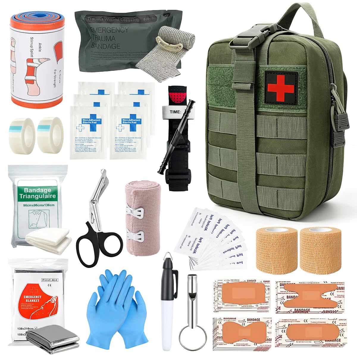 Outdoor Erste Hilfe Set, 49 Teile Praktische Notfalltasche, Tragbare Notfallausrüstung Tasche für Camping Wandern Radfahren Klettern Reisen (Militärgrün)
