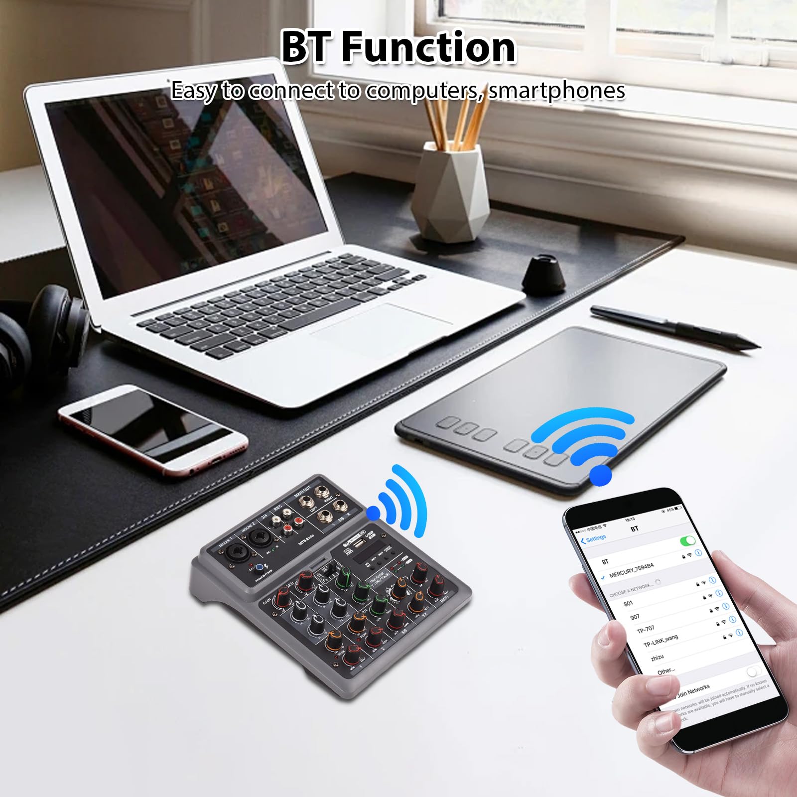 Mixer Audio, Console Di Mixaggio A 6 Canali Con 2 Microfoni Wireless Mixer BT OTG 4 Effetti Di Scena DSP Alimentazione Phantom 48v Scheda Mixer DJ Professionale Per Home Theater