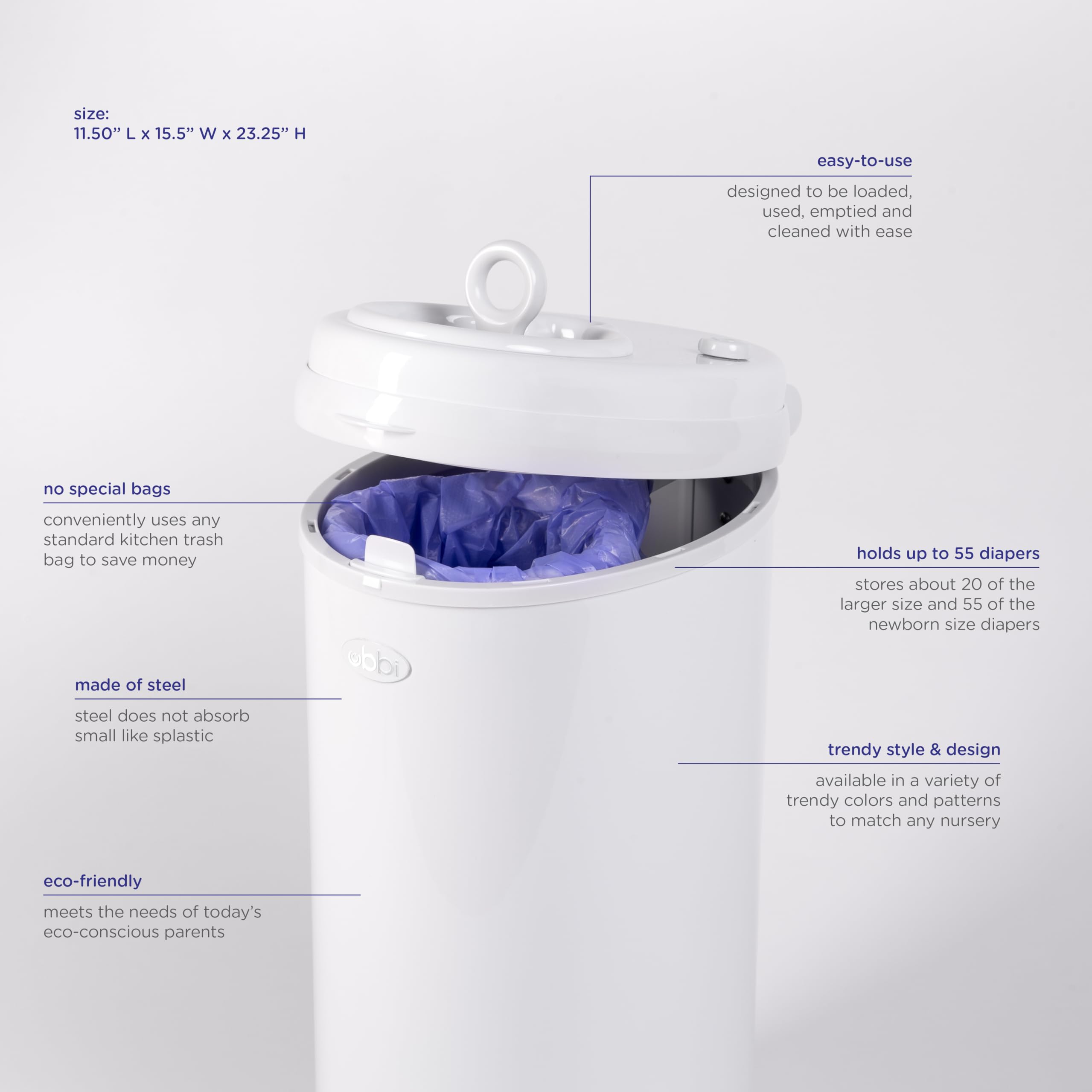 Ubbi Stainless Steel Nappy Pail, Odor Locking, No Special Bag Required, Award-Winning, Registry Must-Have, Oat Milk