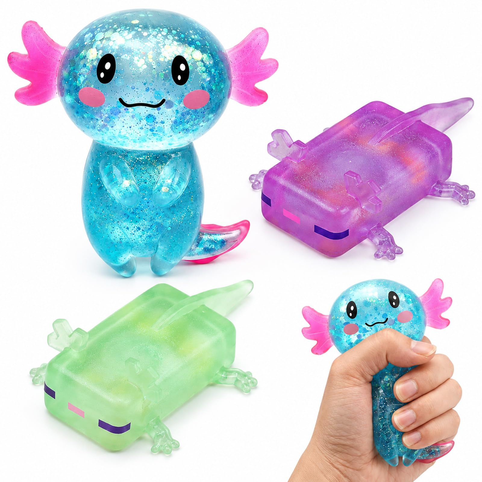 PRVCFZ 3 PCS Axolotl Squishy, Squishy Axolotl, Glittery Squishy, In Blue, Green and Purple, Ideal for Home, Office Desk Decor and Decor Lovers
