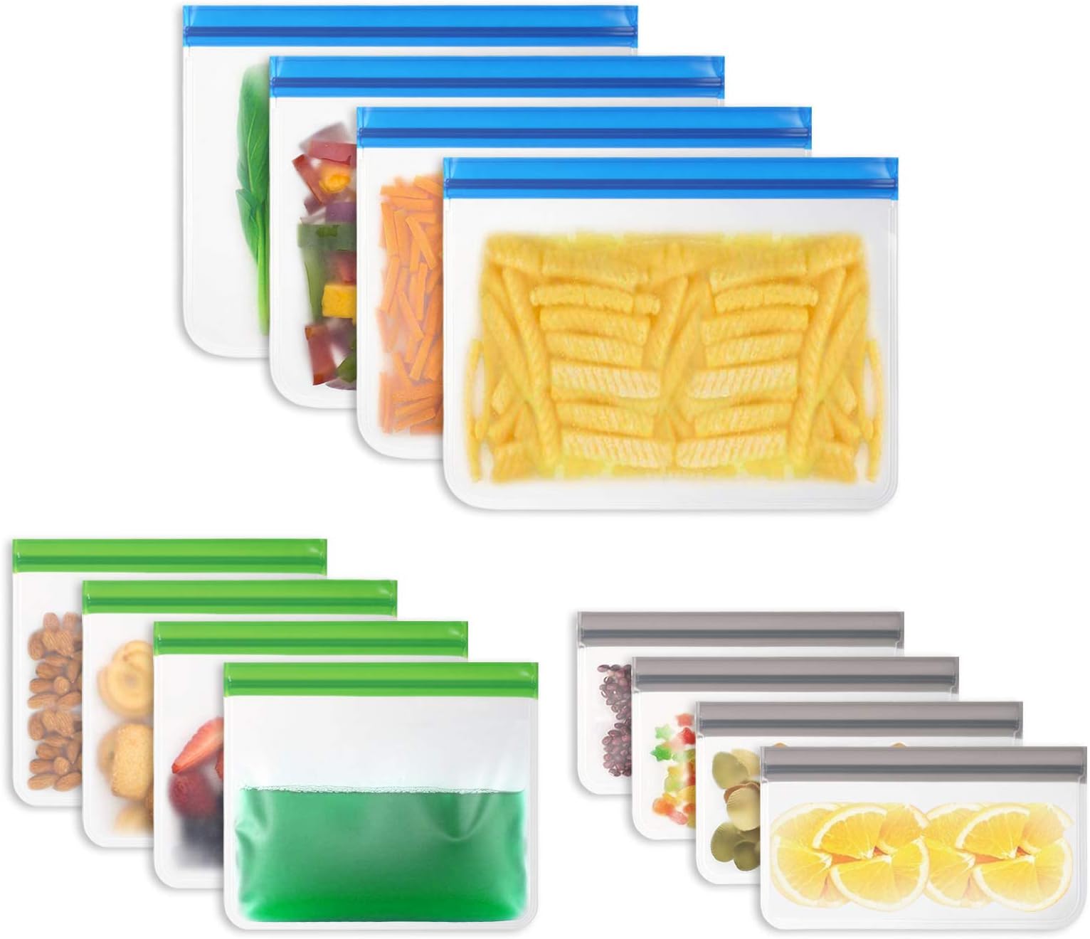 12 Pack Reusable Food Storage Bags, Ziplock Sandwich & Freezer Bags, Leakproof, Large, BPA Free for Sandwich, Snack, Liquid, Fruit, Lunch