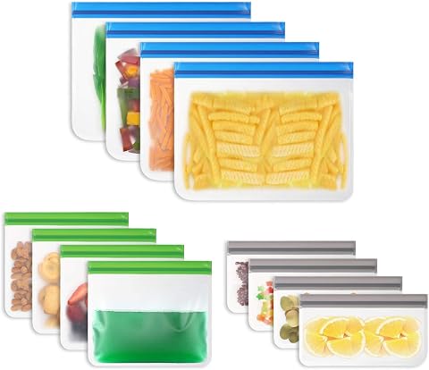Vicloon Bolsas de Silicona Reutilizables, 12 Pack Bolsas Congelar para Almacenamiento de Alimentos, Bolsas de conservacion para Fruta Sandwiches Verduras, Sin BPA