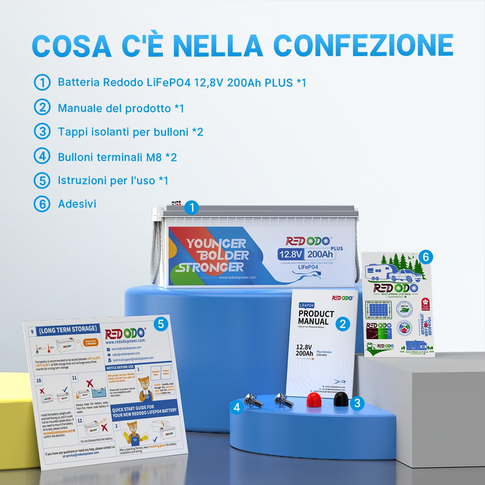 Redodo 12V 200Ah Plus(1 PACK) Batteria LiFePO4 2560Wh Batteria Litio con BMS 200A Multiprotezione 5X Durata 30% Risparmio Per Camper/Off-Grid/Solare