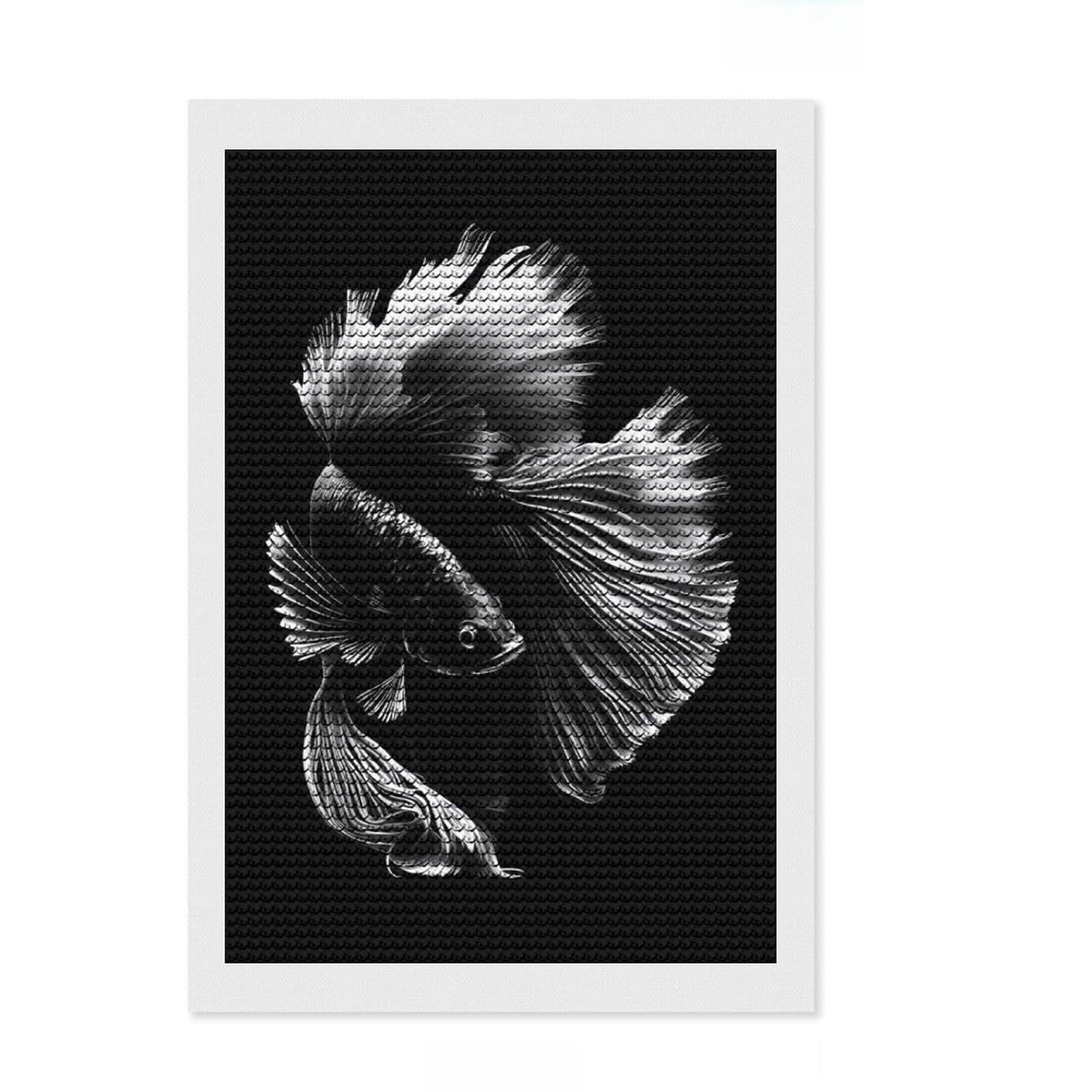 Junmoney BW Fish Round Drill Diamond Painting 8"x12", Calming Craft to Unwind, Printed Canvas, Cosy Home Accent, Festive Craft Gift