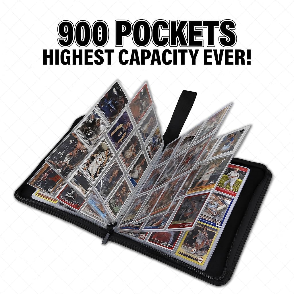 Trading Card Binder 9 Pocket - Holds 900 Cards with Double-Sided 50 Removable Sleeves, Zipper Closure, Collector Album, Card Folder for Baseball cards, MTG, TCG, Sports Cards (Red)