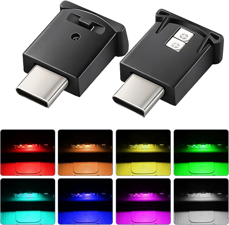 2pcs Mini Type-C LED Light, Car Led Lights Interior, 8 Colors RGB LED Car Atmosphere Lamp with Adjustable Brightness, 5V Plug-in Type-C Night Lights Interior Decor for Vehicle Office (Type-C)