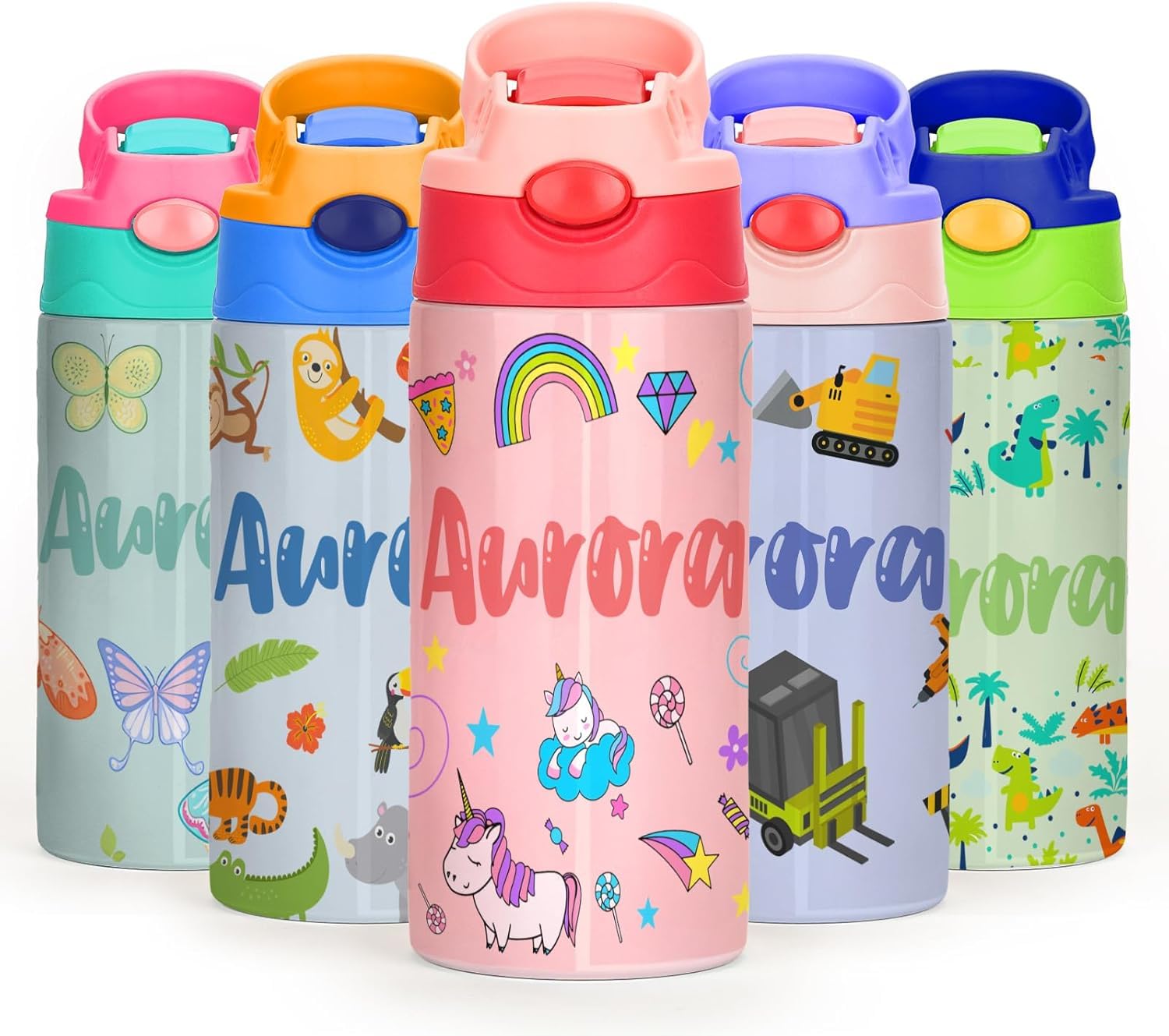 Personalized Water Bottle for Kids, Custom Name 12oz Stainless Steel Insulated Waterbottle with Straw & Handle, Reusable School Water Bottle for Girls Boys