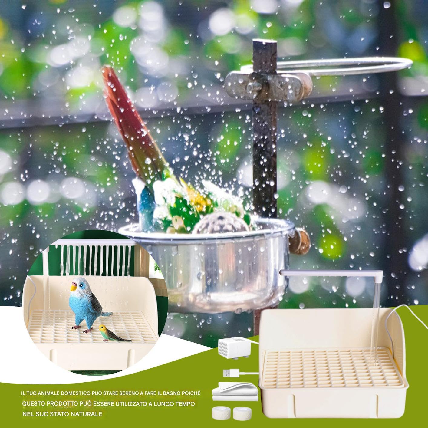 BAJO AUTOMÁTICO - DOPUGA 'ACCHADO | Bañera para loros circulantes con | bomba | Amplio contenedor para el baño del gorrión de diseño | Accesorio para jaula para animales domésticos para conuce