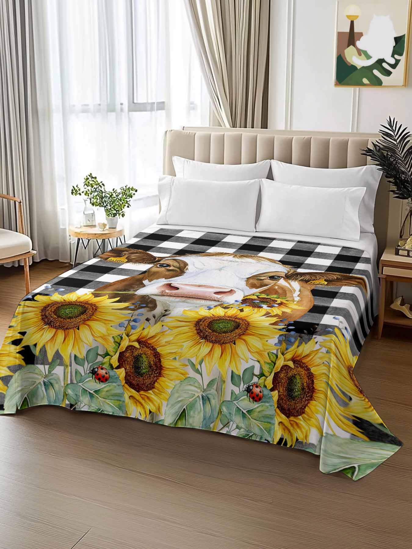 Queen Size Flat Sheet Only, Farm Cow Yellow Sunflower Green Plant Bed Top Sheet Soft Microfiber Breathable Bedding Flat Sheets, Retro Black Plaid Top Sheets Hotel Luxury