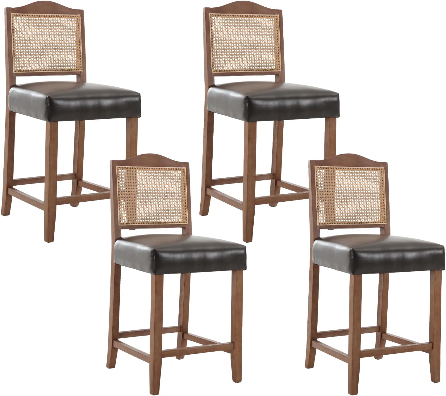 Shunzhi Rattan Bar Stools Set of 2, Farmhouse Counter Height Barstools with Cane Back, Wooden Wicker Bar Chairs, Upholstered Kitchen Island Stool for Home Bar/Pub,Linen Beige,26 Inch