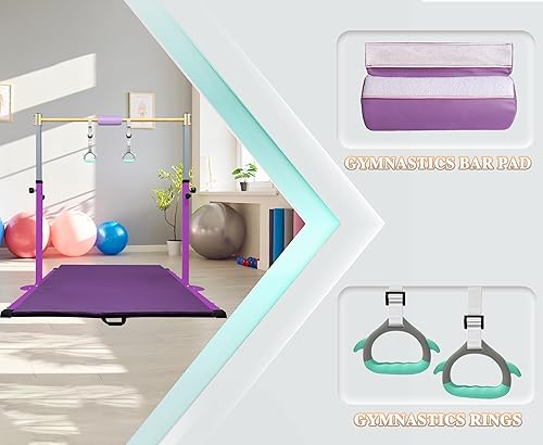 Miniatura 4 de Adjustable Gymnastics Bar for Kids with Mat - Sturdy Kip Bar with Rings, Horizontal Bar for Home Training, 3'-5' Height, Ages 3-15, 250 LBS