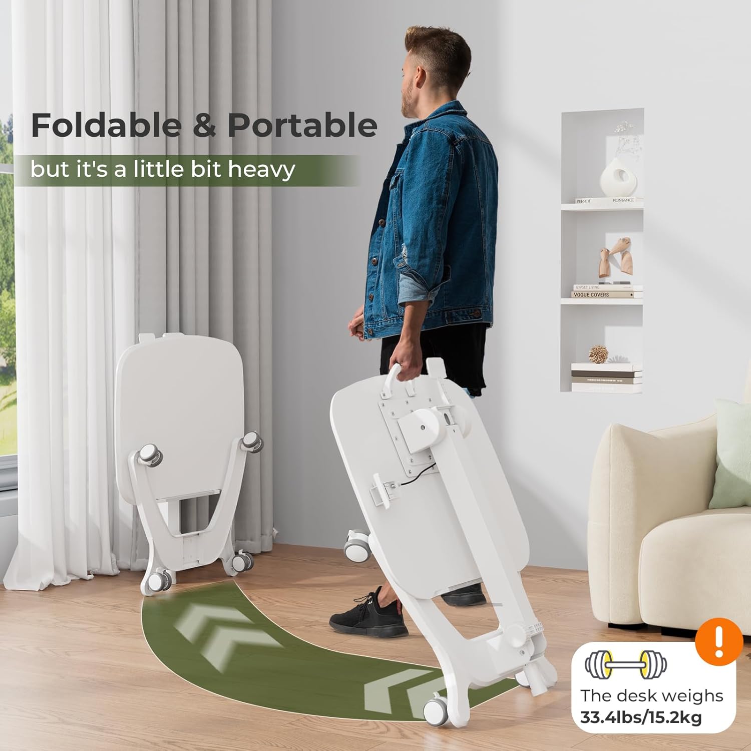 Foldable Mobile Standing Desk, 27"×21" Portable Rolling Laptop Cart with 90° Tiltable Board, Height Adjustable Workstation with Wheels, Folding Table for Home Office, White