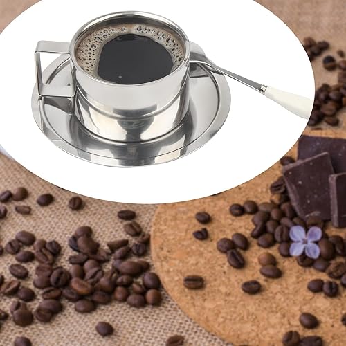 Miniatura 8 de Cyberone Tazas de café con platillos y cuchara, juego de tazas de café reutilizables de acero inoxidable, tazas de café de doble pared de 6.1 fl