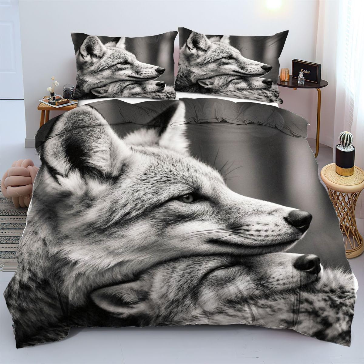 Parure de lit 140x200 loup gris fini le repassage fermeture facile