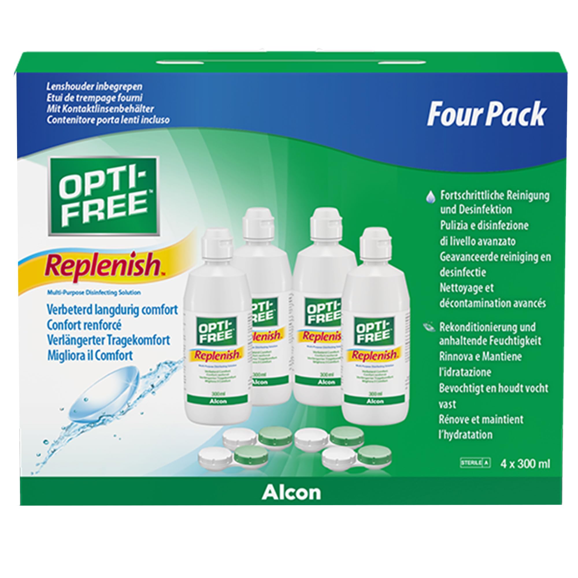 Opti-Free Replenish Kontaktlinsen-Pflegemittel | 4 x 300 ml | Reinigung, Pflege und Desinfektion von weichen Kontaktlinsen mit TearGlyde Technologie für kontinuierliche Feuchtigkeit