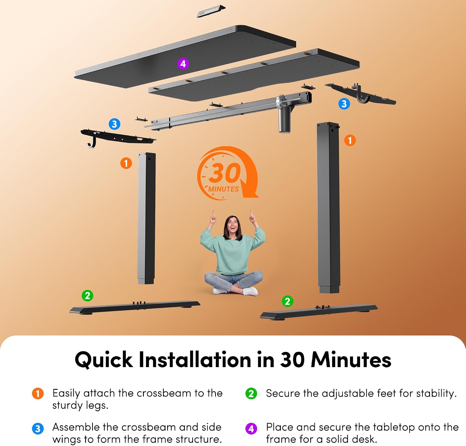 Diagram showing the quick installation steps for the FEZIBO standing desk, indicating assembly in 30 minutes.