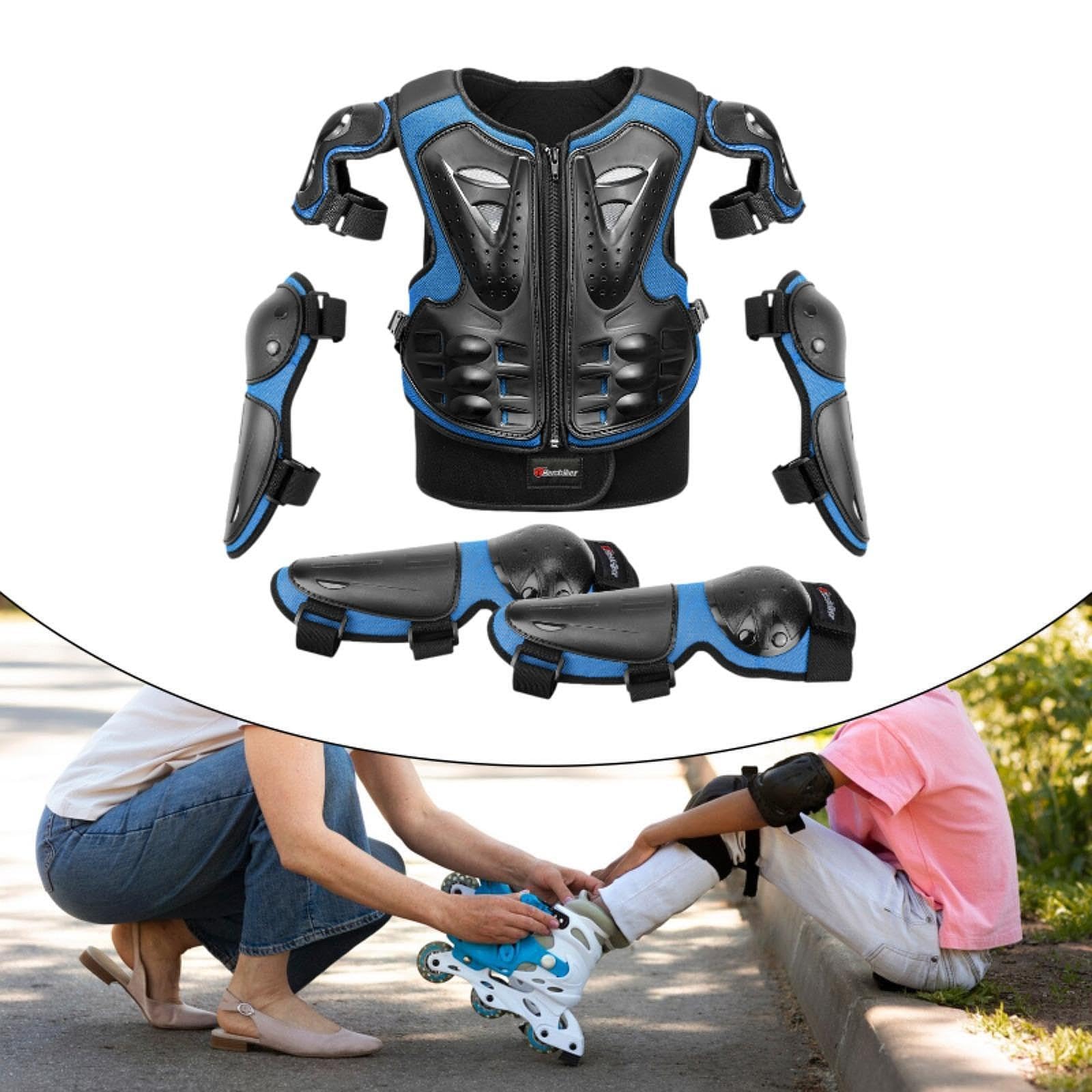 Tuta Protettiva Da Motocross per Bambini, Protezioni per Petto, Schiena, Colonna Vertebrale, Ginocchia E Gomiti, Materiale PVC Traspirante per, Blu