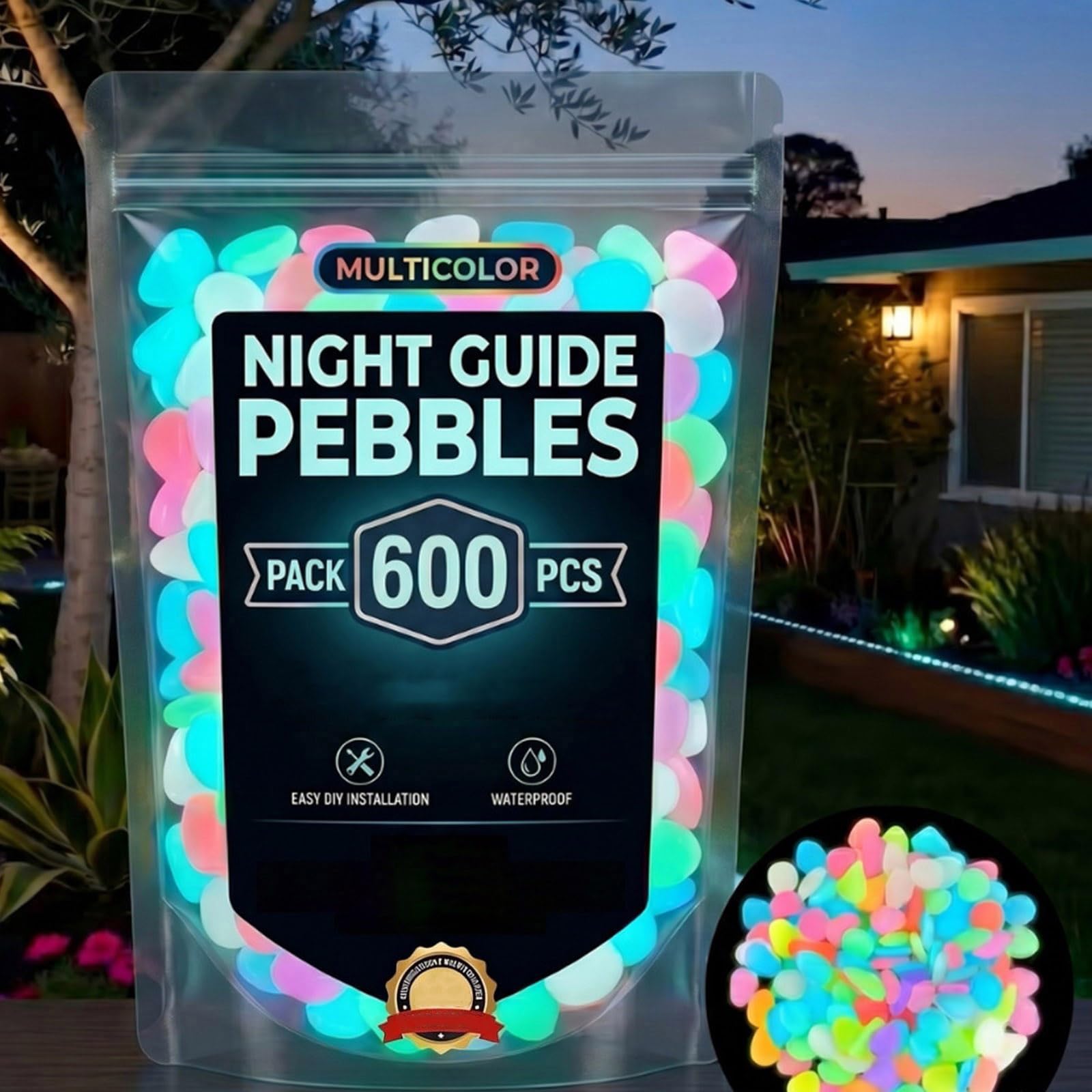 Colorful Glow-in-the-Dark Garden Stones Night Guide Luminous Pebbles Rainbow Glow in the Dark Stepping Rocks Outdoor Landscaping Decor Glowing Stones Fish Tank Aquarium Decorations (600, Multi Color)