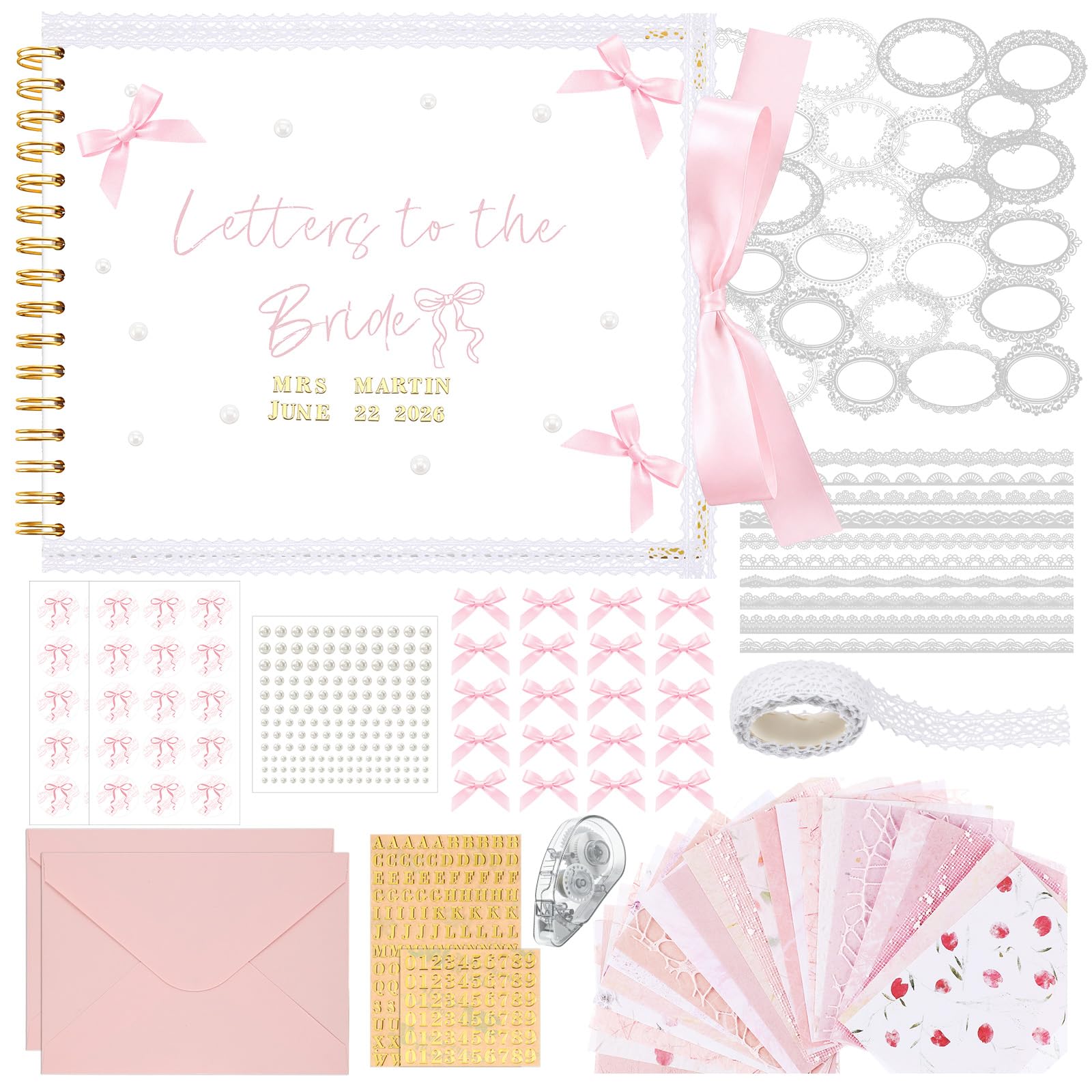 Humyoun Libro de invitados de boda con letras a la novia, álbum de recuerdos de boda, álbum de recortes, álbum de fotos, letrero de invitados con calcomanías de perlas (8.5 x 7 pulgadas, lazo, rosa)