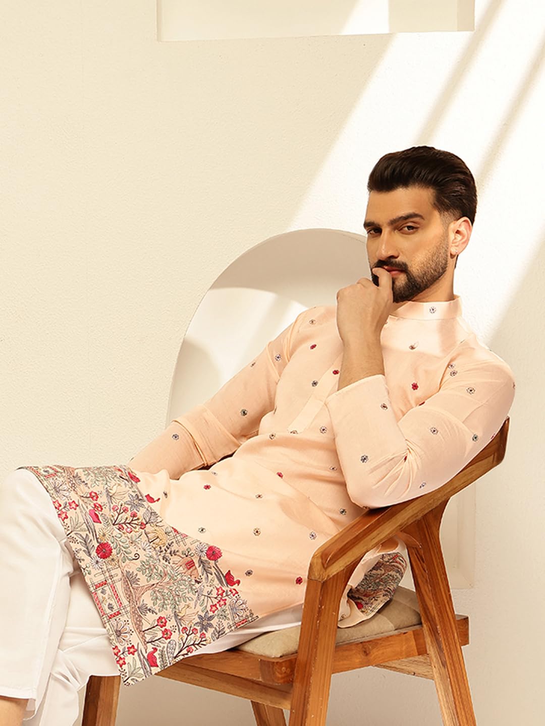 Sojanya (Since 1958 Men's Cotton Silk Daman Embroidered Peach Long Kurta