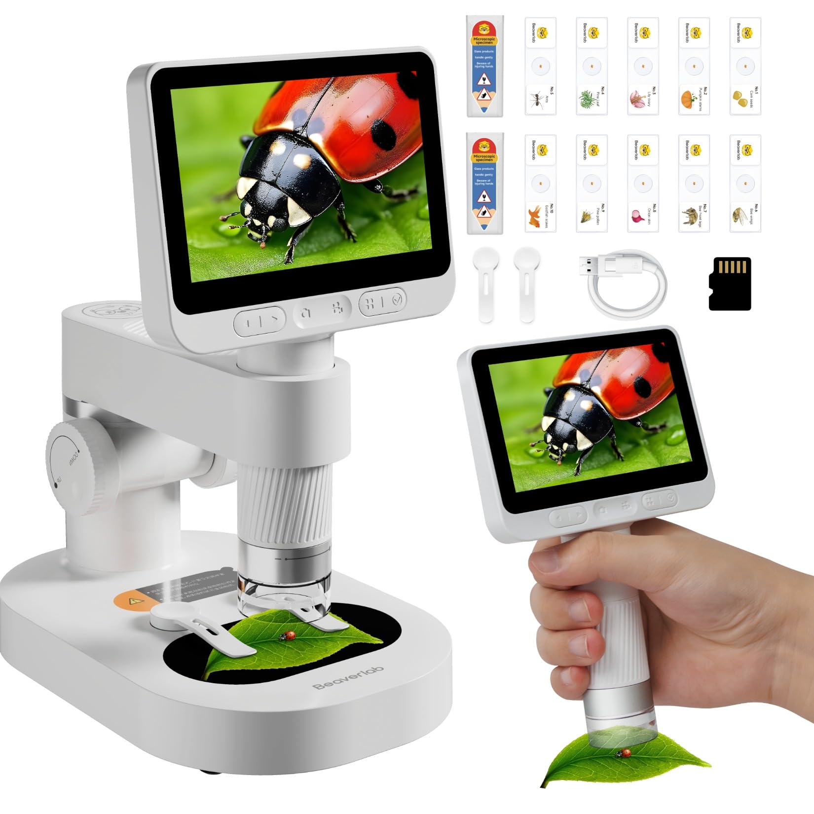Microscope, 4'' IPS Kids Microscope, 100-1600X Screen Mini Microscope for Kids, Handheld Pocket Digital Microscope Science Kits for Kids Adults, 1080P HD Portable Microscope for Kids 8-12