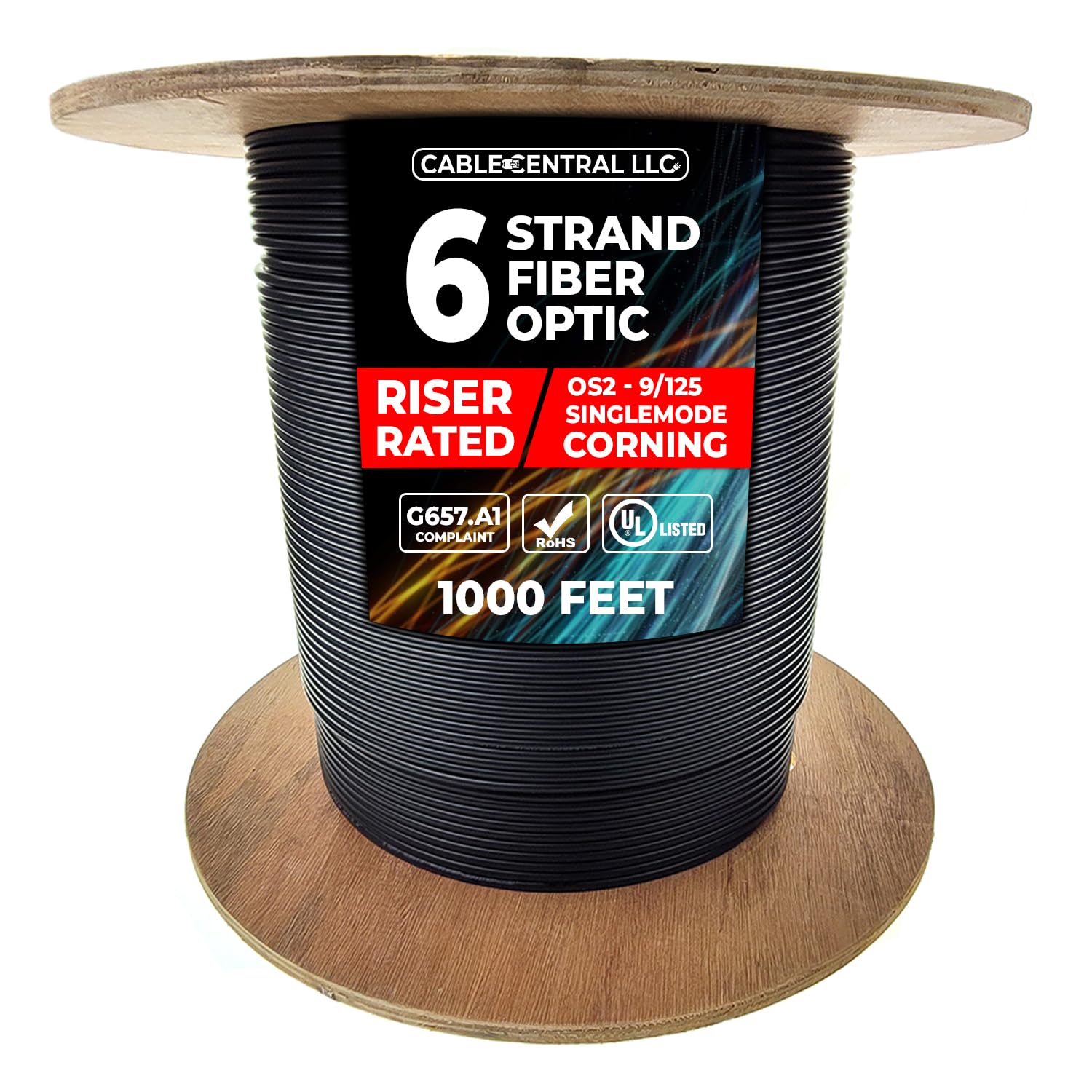 6 Strand Indoor/Outdoor Fiber Optic Cable, OS2 9/125 Singlemode, Corning, Black, Riser Rated, Spool, 1000 Feet 1000 Feet Single Pack 6 Strand