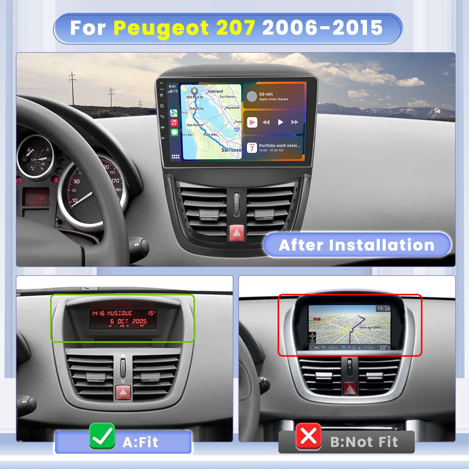 Autoradio Android 15 Pour Peugeot 207 2006-2015 - Écran Tactile 9" - 8 Cœurs, 6+128 Go - CarPlay/Android Auto Sans Fil - GPS, WiFi, DSP