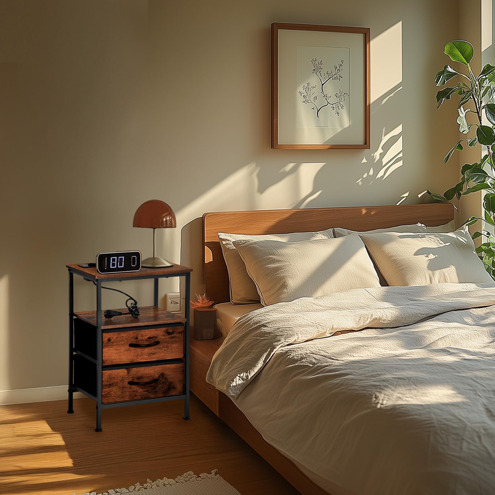 EGGREE Table de Chevet avec Station de Charge USB et Tiroirs en Tissu, Étagère,avec Ports USB et Prises de Courant, pour Chambre, Hôtel, Appartement, Petits Espaces. Marron Vintage