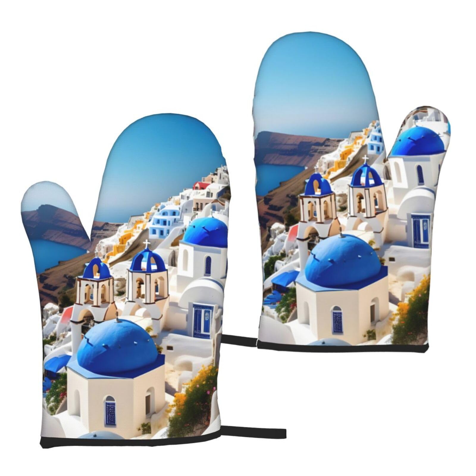 Nimongt Women's Black Santorini Greek Island Sea View Print Adults Universal Fit Heat Resistant Oven Gloves Reusable Cooking Outdoor Grilling