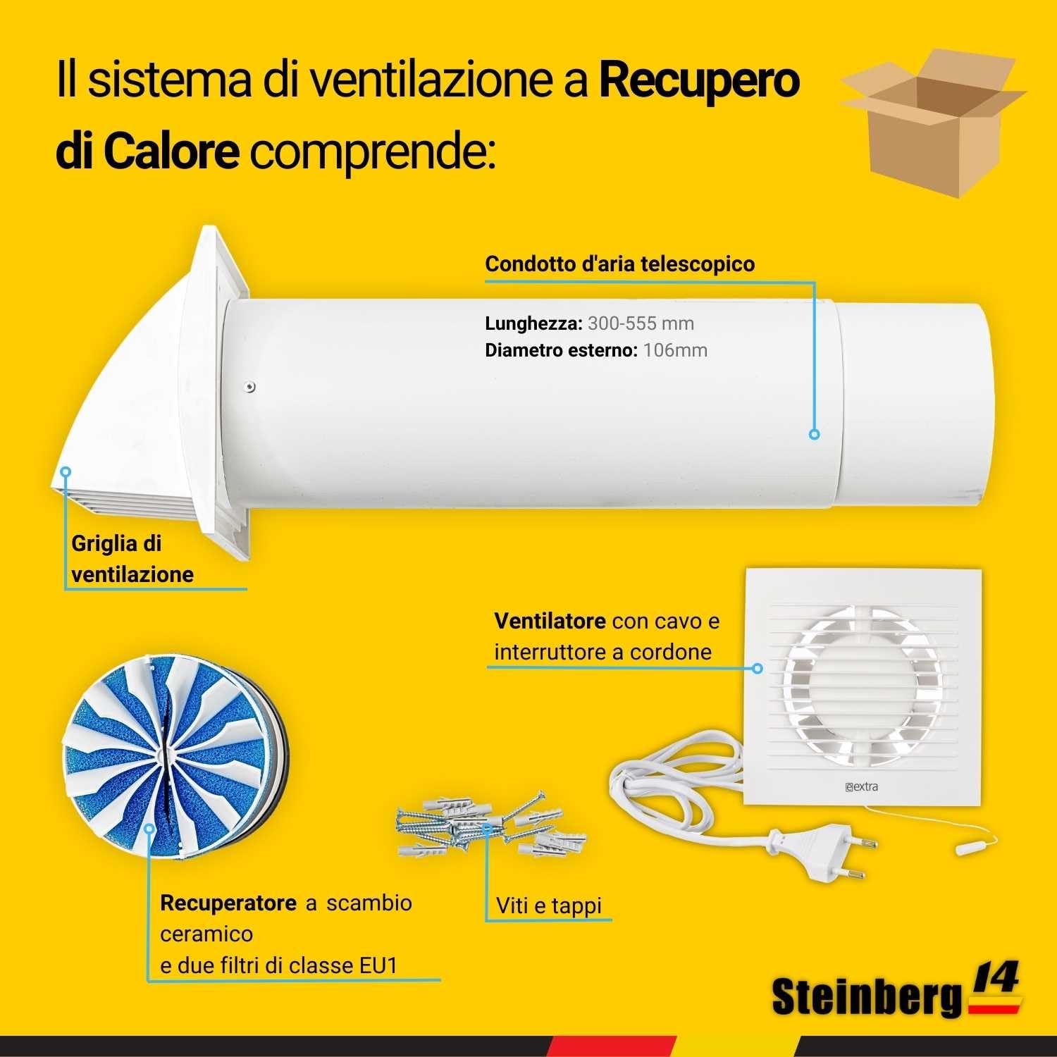 Steinberg14 Unità di VMC Decentralizzata 100 mm - Bianco Recuperatore di Calore con Cavo - VMC Doppio Flusso Recupero Calore - Scambiatore Aria a Parete
