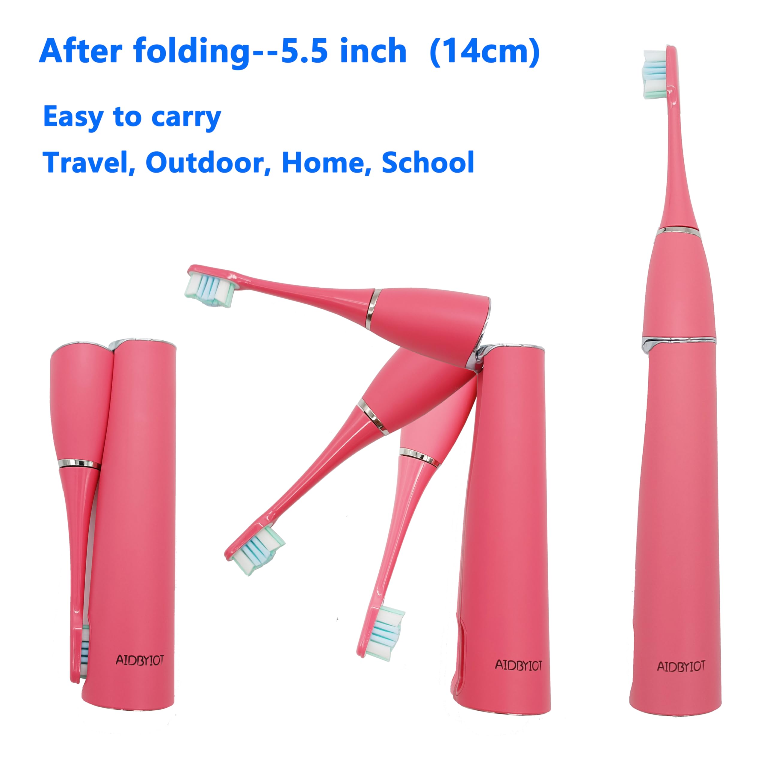 Spazzolino elettrico sonico pieghevole Spazzolino da denti da viaggio Ricaricabile Portatile Manico Dotato di Camera di Sterilizzazione UVLED Autopulente Rosa. 4 Testine.