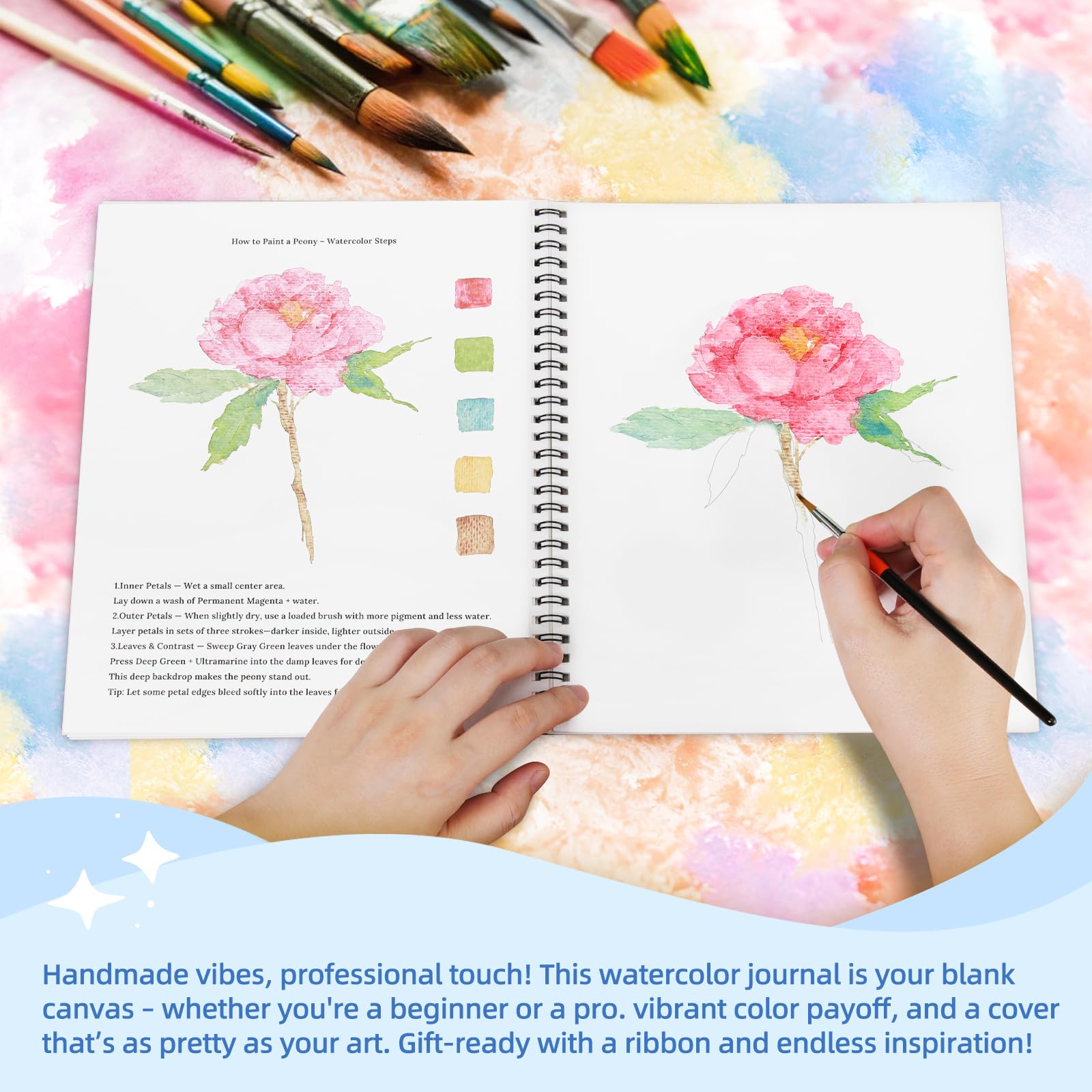 Teswarha Aquarell-Arbeitsbuch mit dickem echtem Baumwoll-Aquarellpapier für Erwachsene und Jugendliche, Spiralbindung, 300 g/m², Kunstpapier, 12 Blatt, Blumen, 20,8 x 24,9 cm