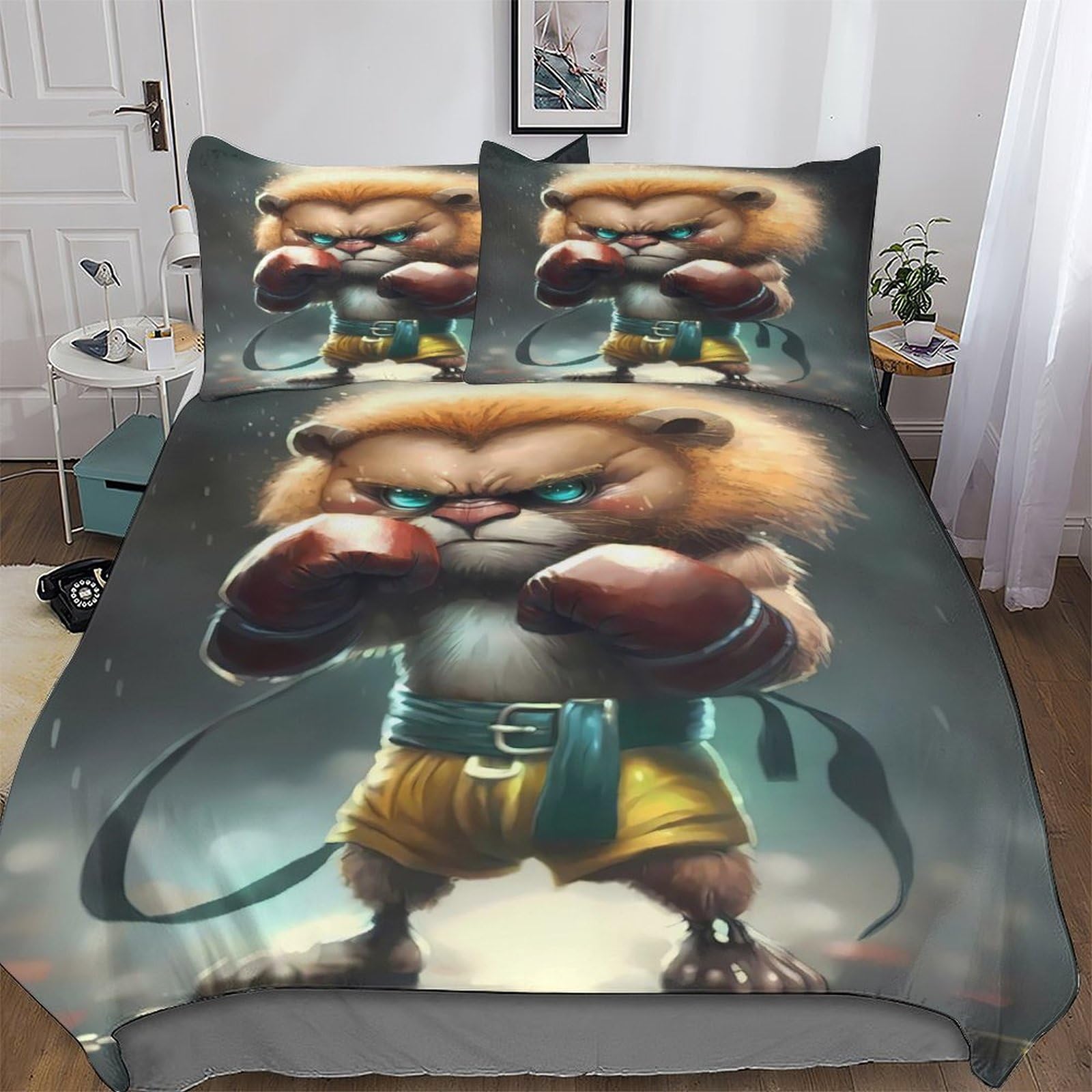 LLXXHH Lion Boxing Bedding Set Soft 3pcs Breathable Quilt Cover with Pillowcase 3D Duvet Cover Set Comforter Cover For Boys Girls Double (200x200cm)