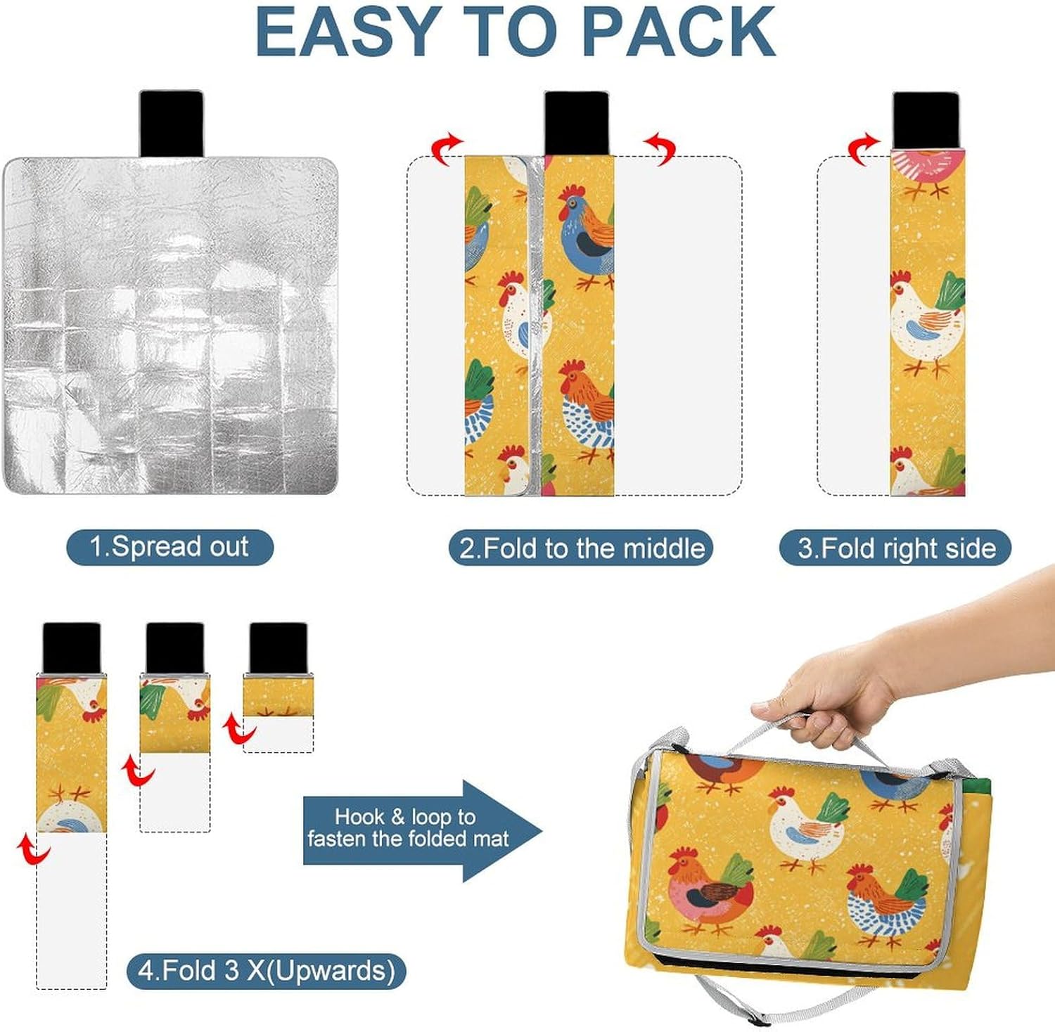 Outdoor Picnic Blanket Extra Large Beach Blanket Waterproof Picnic Mat Chicken Prints Camping Blanket Portable with Carry Strap Park Blanket for Grass Camping Park