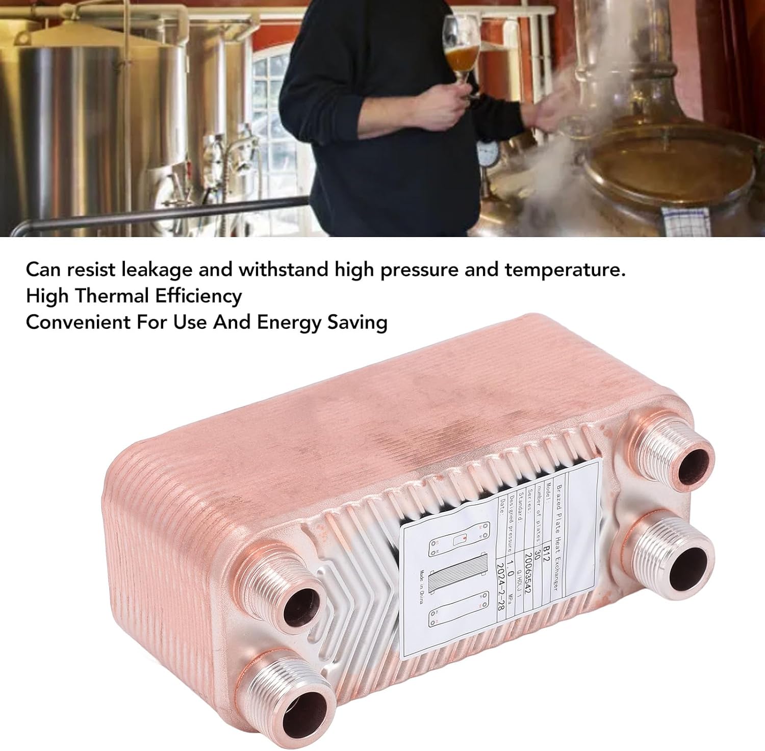 Plate Heat Exchanger, Homebrew Beer Wort Chiller, EATB12‑30 304 Stainless Steel Brazed Plate Heat Exchanger for Floor Heating, Water Heating, Snow Melting