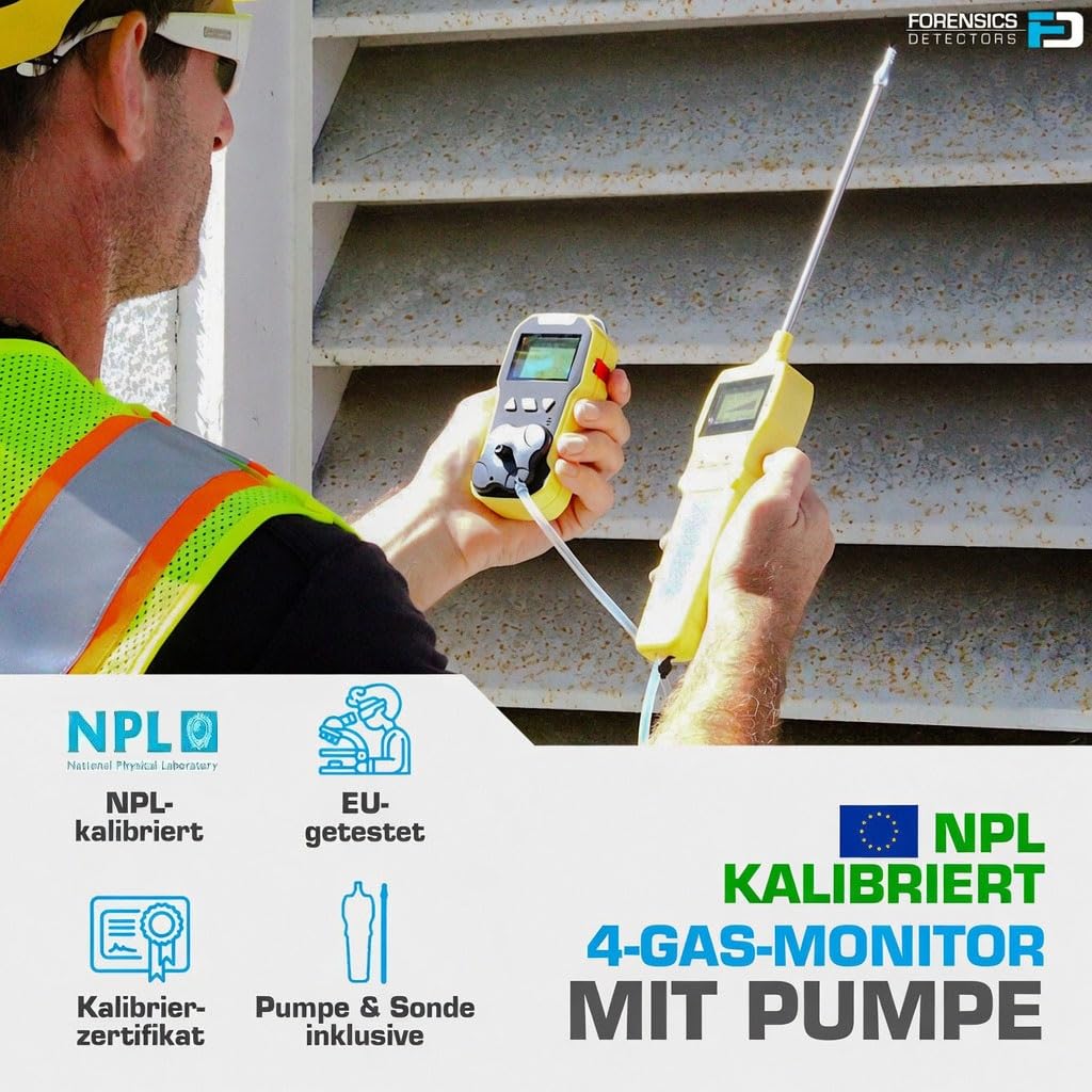4-Gas-Messgerät mit Pumpe | EU-Kalibrierzertifikat | O2, CO, H2S, LEL | USB-Ladung | Großes hintergrundbeleuchtetes Display