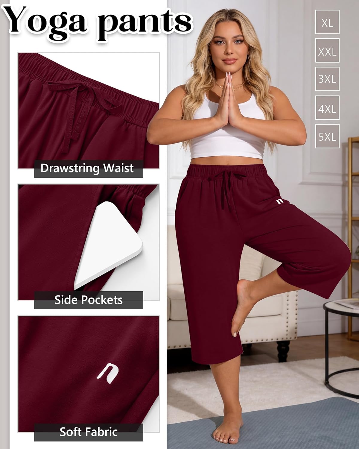 Neer 3 Pack Women's Plus Size Capris,Wide Leg Loose Pants Casual Drawstring Capri Sweatpants Drawstring Pants with Pockets - Image 5