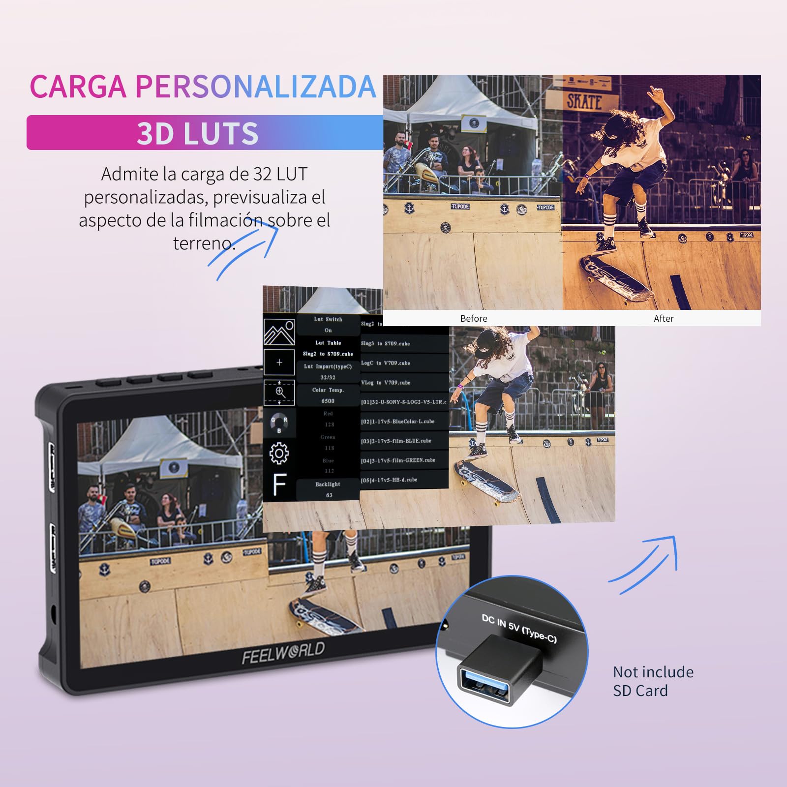 Feelworld F5 Pro V2 6 Pulgadas Monitor de Campo de cámara DSLR 3D LUT con Kit Externo Instale el Equipo IPS FHD1920x1080 4K HDMI / 5V Entrada Tipo c（Incluye batería F750）