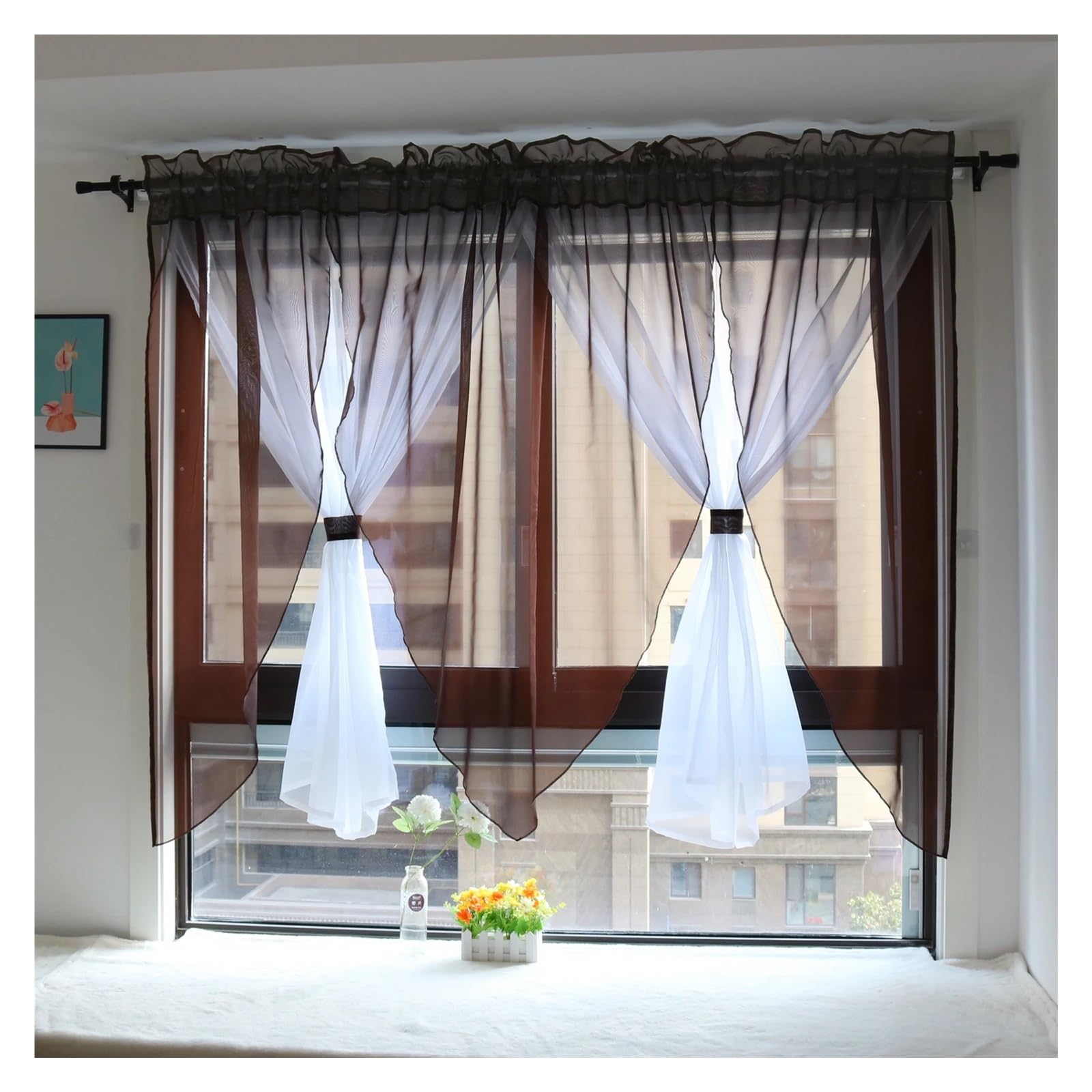 MKYYIOED Short Curtains Solid Voile Veil Livingroom Balcony Bedroom Curtain Sheer Short Kitchen Window Treatments(Dark coffee,ROD-POCKET_W200CM X H100CM)