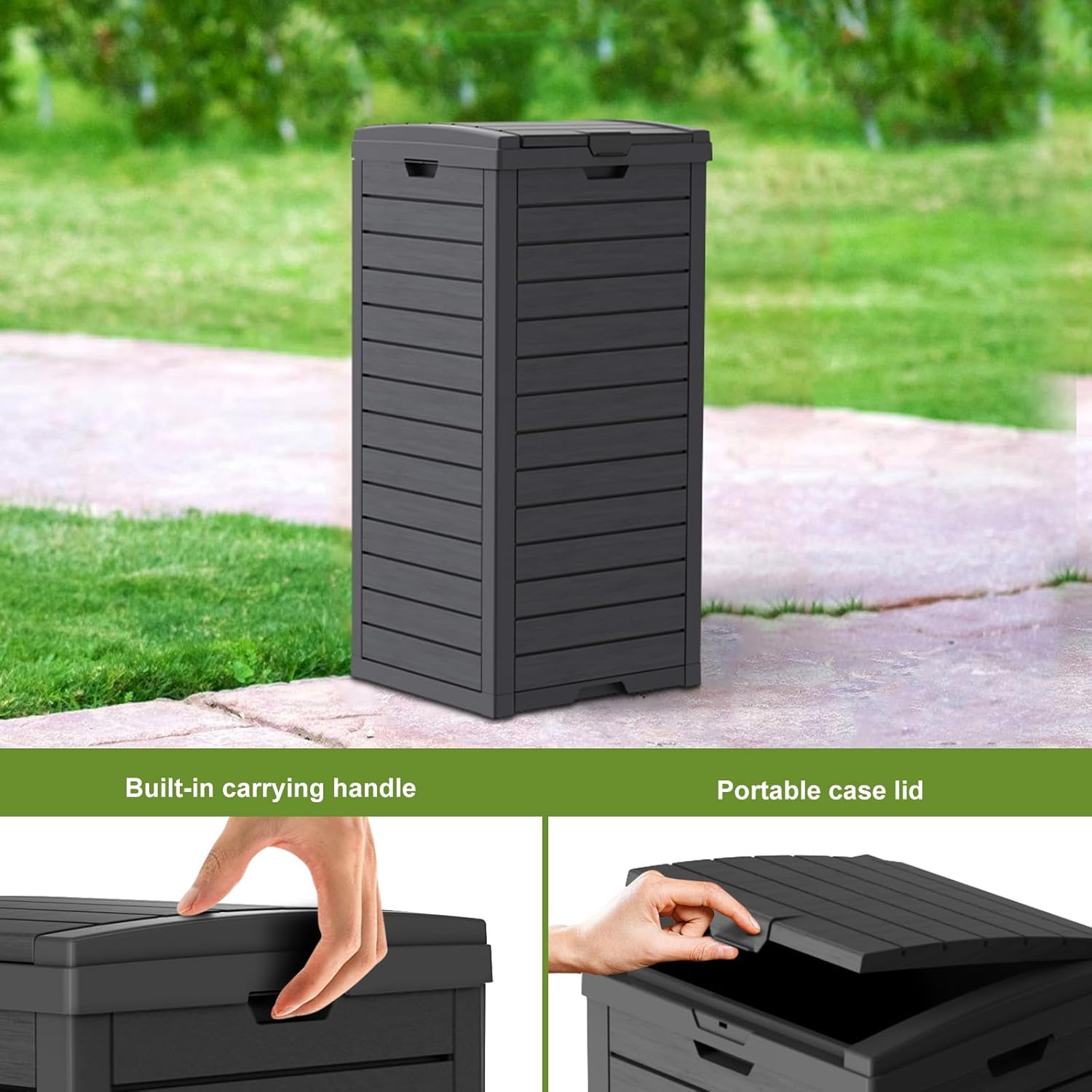 31 Gallon Outdoor Trash Can, Waterproof Trash Can Cabinet for Outside, Resin Garbage Bin with Lid and Drip Tray for Easy Cleaning for Patios, Kitchens, and Outdoor Entertaining（Black）