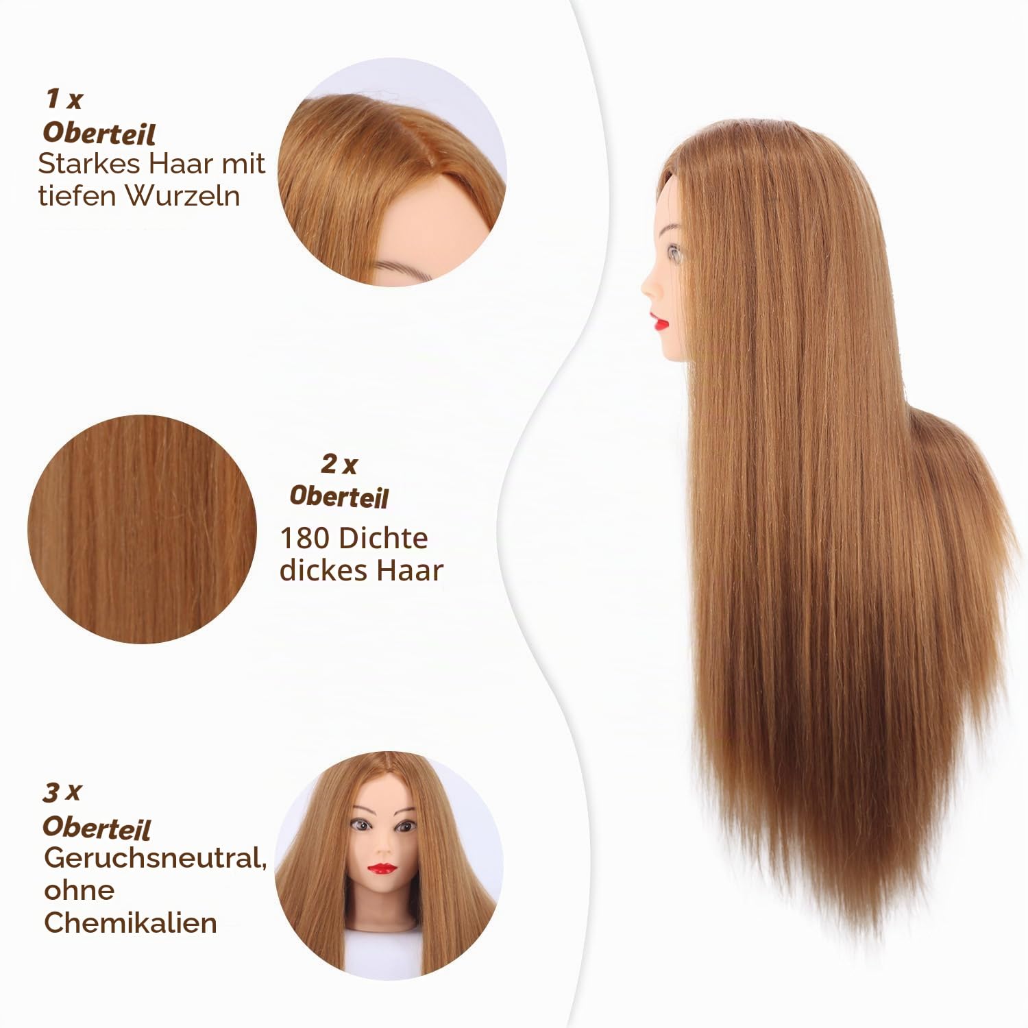 Frisurenkopf, 66cm 80% Echtes Menschliches Haar Frisierkopf übungskopf Puppenkopf zum Frisieren mit Tischklemme + DIY Haar Styling Tools Set | Kosmetologie-Kopf für Friseursalon, Anfänger, um Flechten, Schneiden, Locken zu üben, mit Tischklemme und Werkze