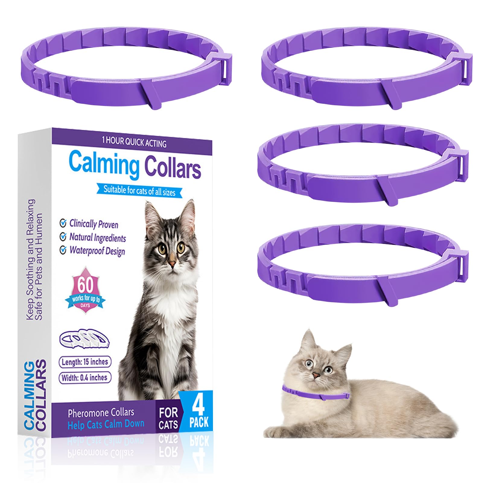 Collar calmante para gatos, 4 piezas, antiestrés con feromonas naturales – Lavanda y manzanilla, ajustable (hasta 38 cm), 30 días de efecto, para gatitos y gatos adultos