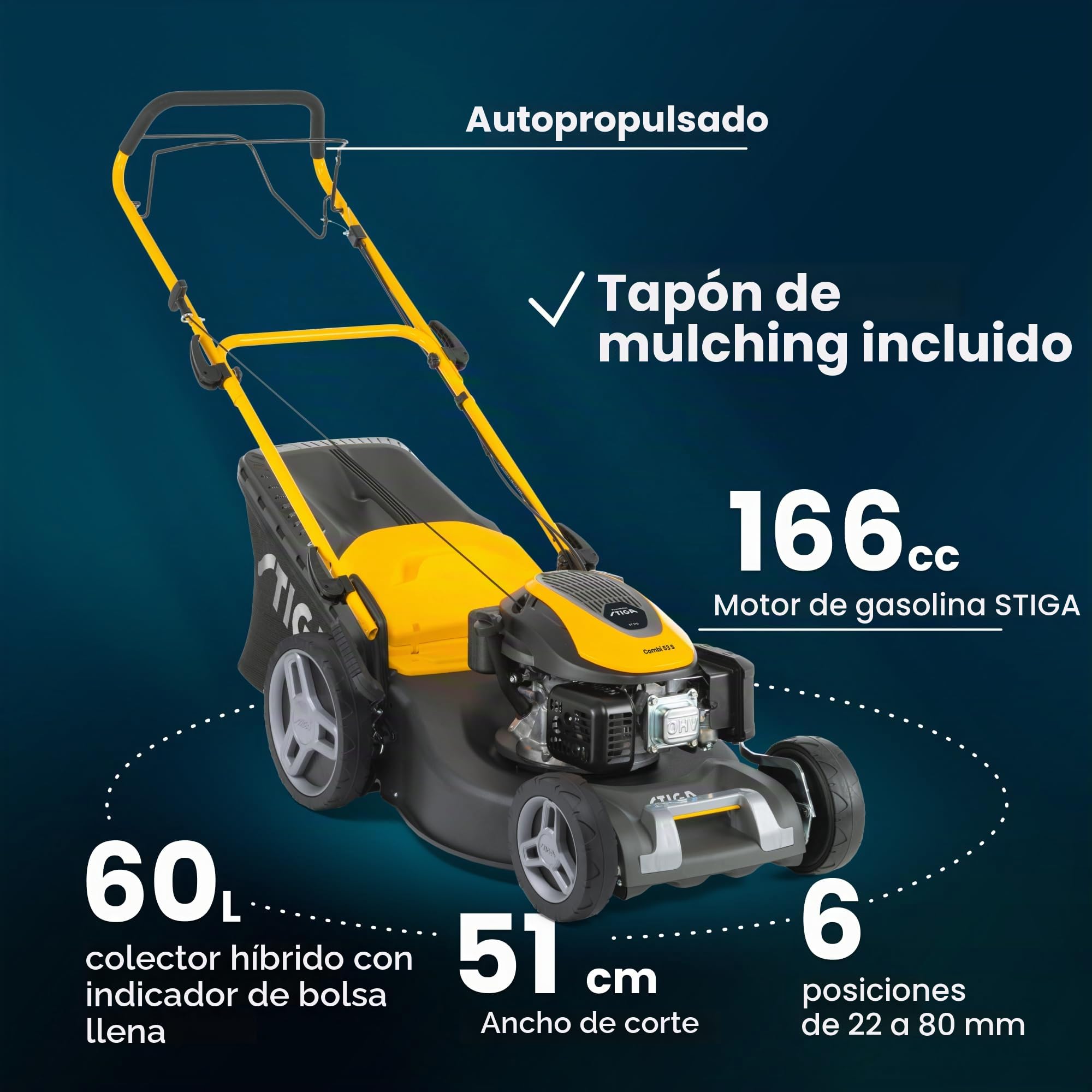 STIGA Combi 53 S - Cortacésped de Gasolina autopropulsado, Motor de 166 CC, Ancho de Corte de 51 cm, 3 en 1: colección, mantillo y Descarga Trasera, colector de césped de 60 L