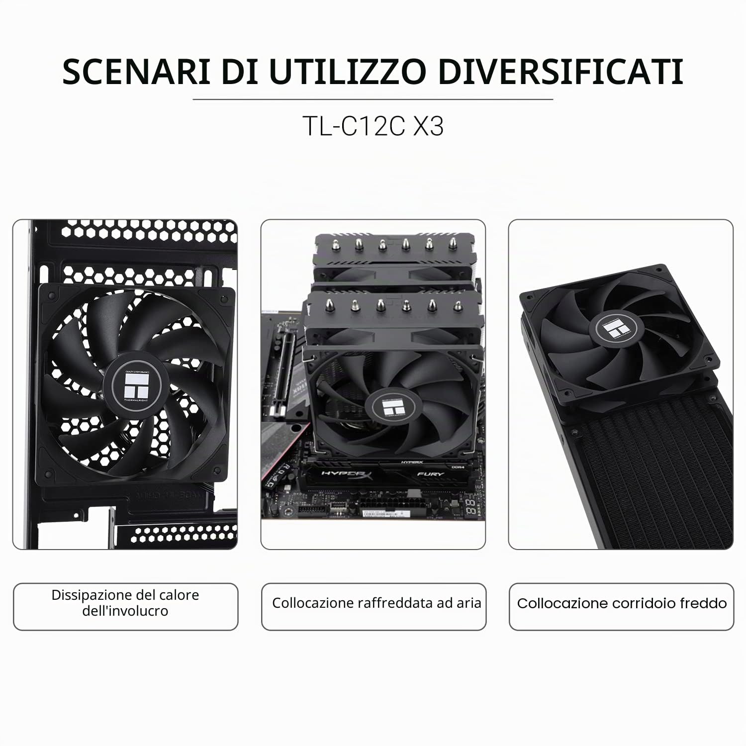 Thermalright TL-C12C X3 Ventola CPU di raffreddamento del case da 120 mm, per computer silenziosa PWM a 4 pin con cuscinetto S-FDB incluso, fino a 1550 RPM