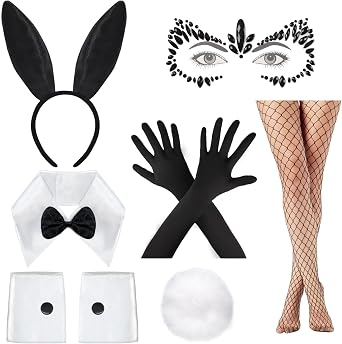 Bunny Halloween Costume Accessories 7 PCS Bunnys Ears Headband Tail Bow tie Collar Cuffs Fishnet Stockings Gloves Face Jewels Set for Bunny Costumes Women Adult Rabbit Cosplay Party