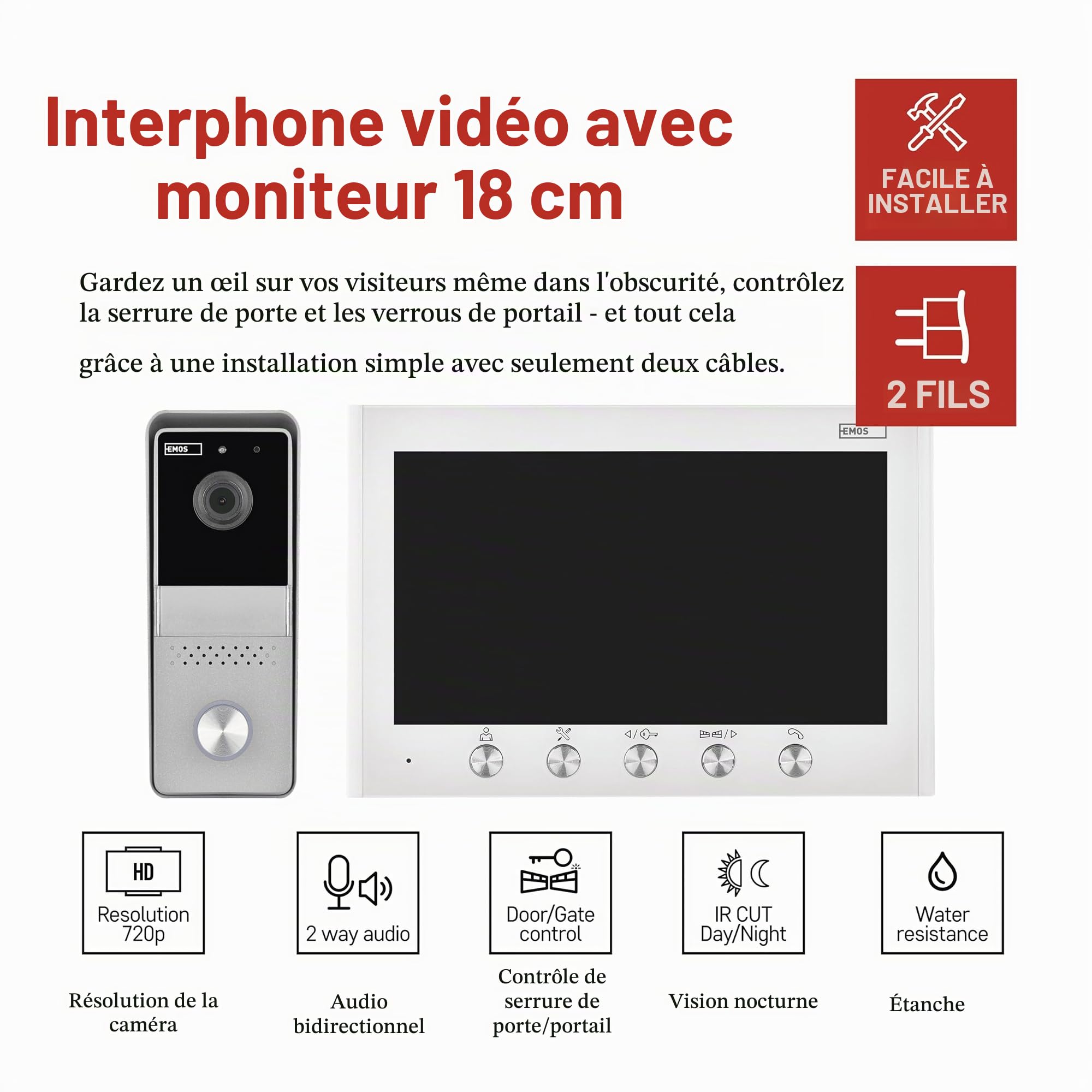 EMOS - Interphone vidéo, version 2 fils - Sonnette vidéo HD 720p - Caméra étanche avec vision nocturne, moniteur avec écran couleur de 7" - Installation facile avec bloc d'alimentation - Blanc/argenté