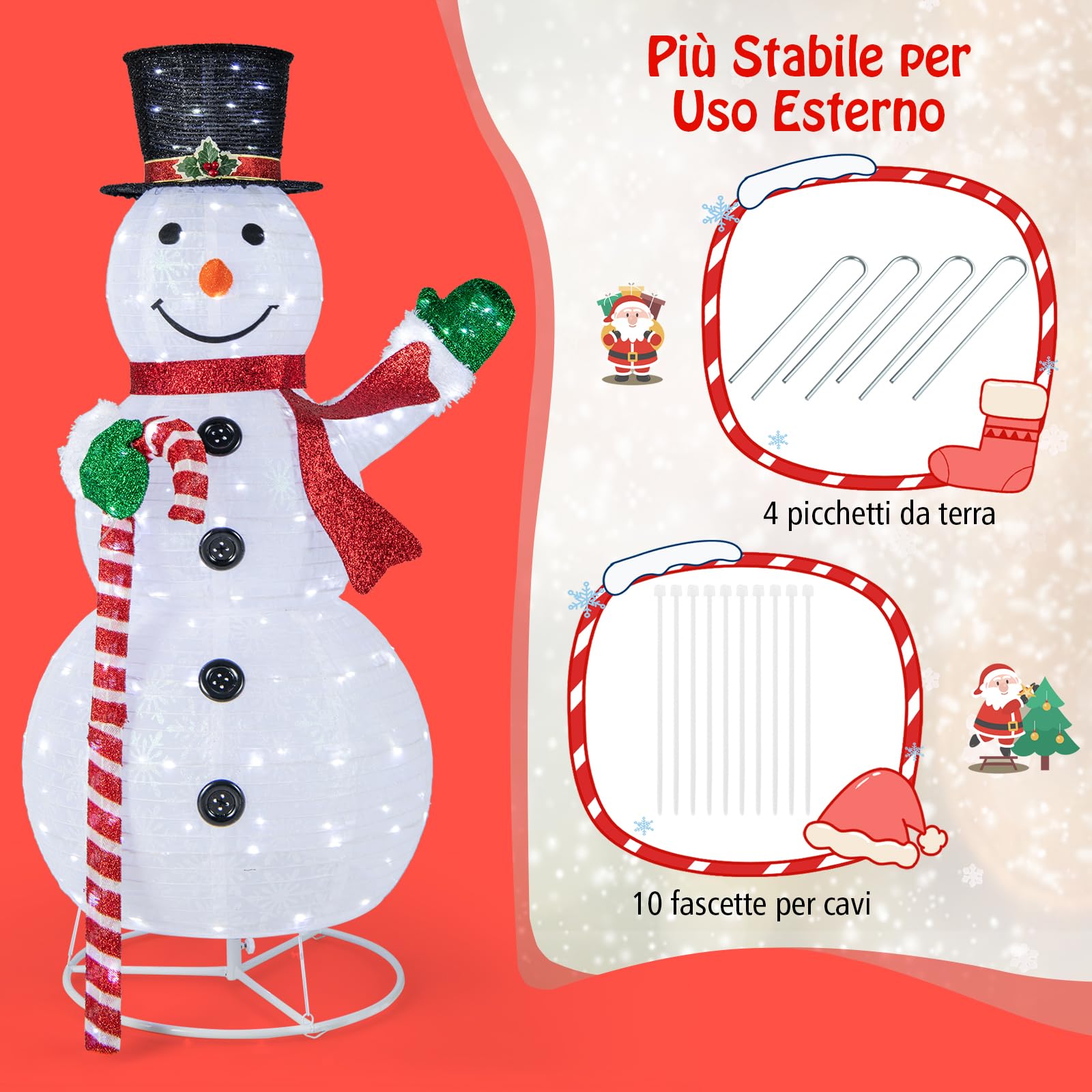 COSTWAY Pupazzo di Neve Luminoso da 150 cm, Decorazione Natalizia con 180 Luci LED, Cappello, Sciarpa, Decorazione Natalizia per Interni ed Esterni per Feste, Balcone, Giardino