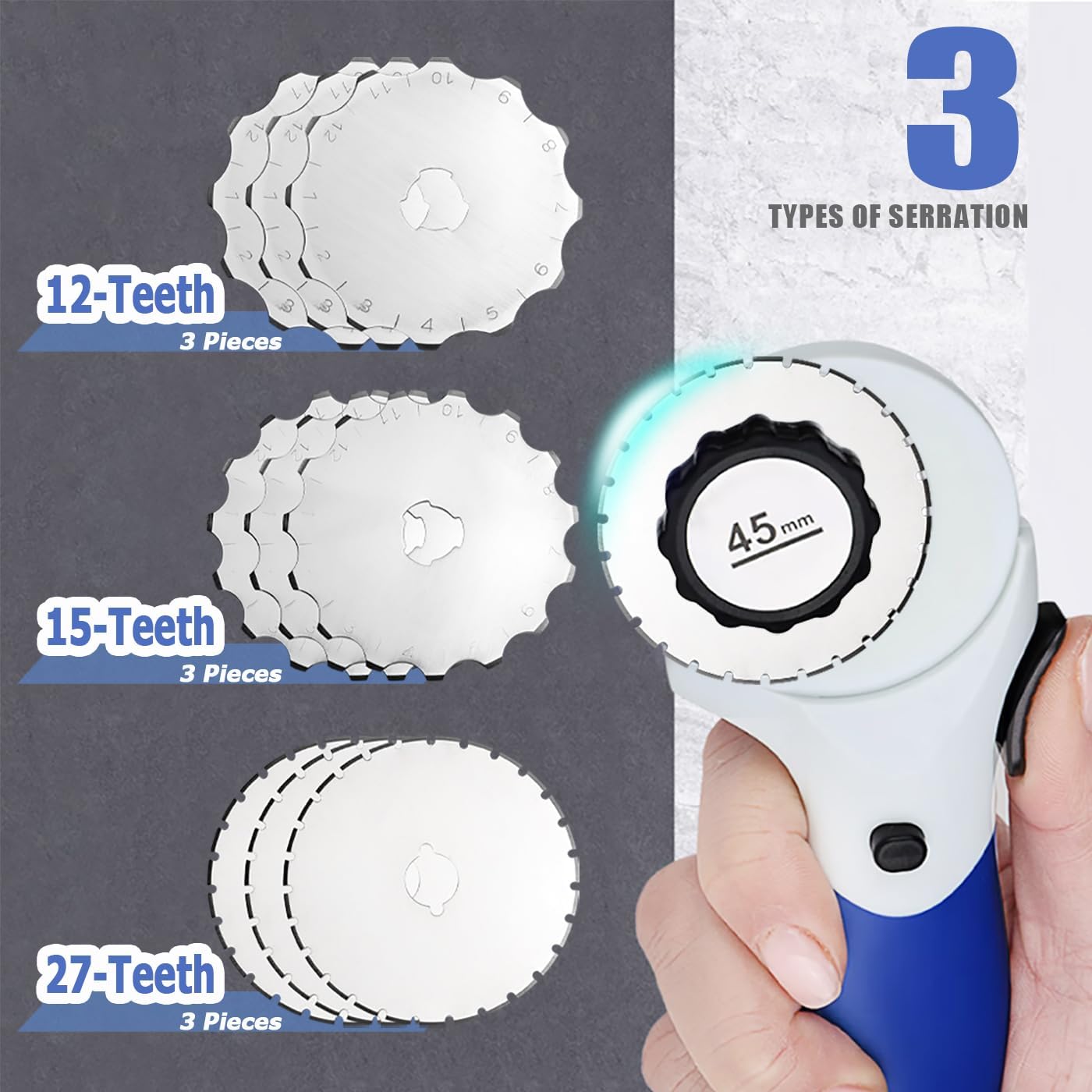 Mesee 9Pcs Crochet Edge Cutter Blades 45mm Perforating Rotary Cutting Blade 12/15/27 Tooth Skip Stitch Cutter Blades Rotary Replacement Rolling Blade for Cutting Quilting Sewing Fabric Leather Paper