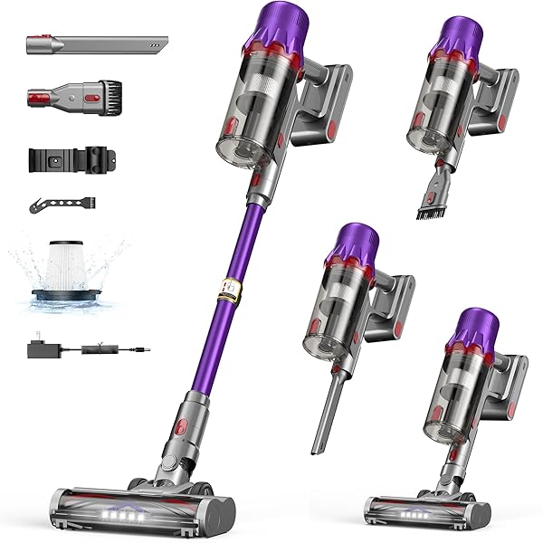 Cordless Vacuum Cleaner - Powerful Stick Vacuum with HEPA Filter, 55-Min Runtime, LED Light, Anti-Tangle Brush, Detachable Battery, Lightweight for Home, Pet Hair, Carpets & Hard Floors